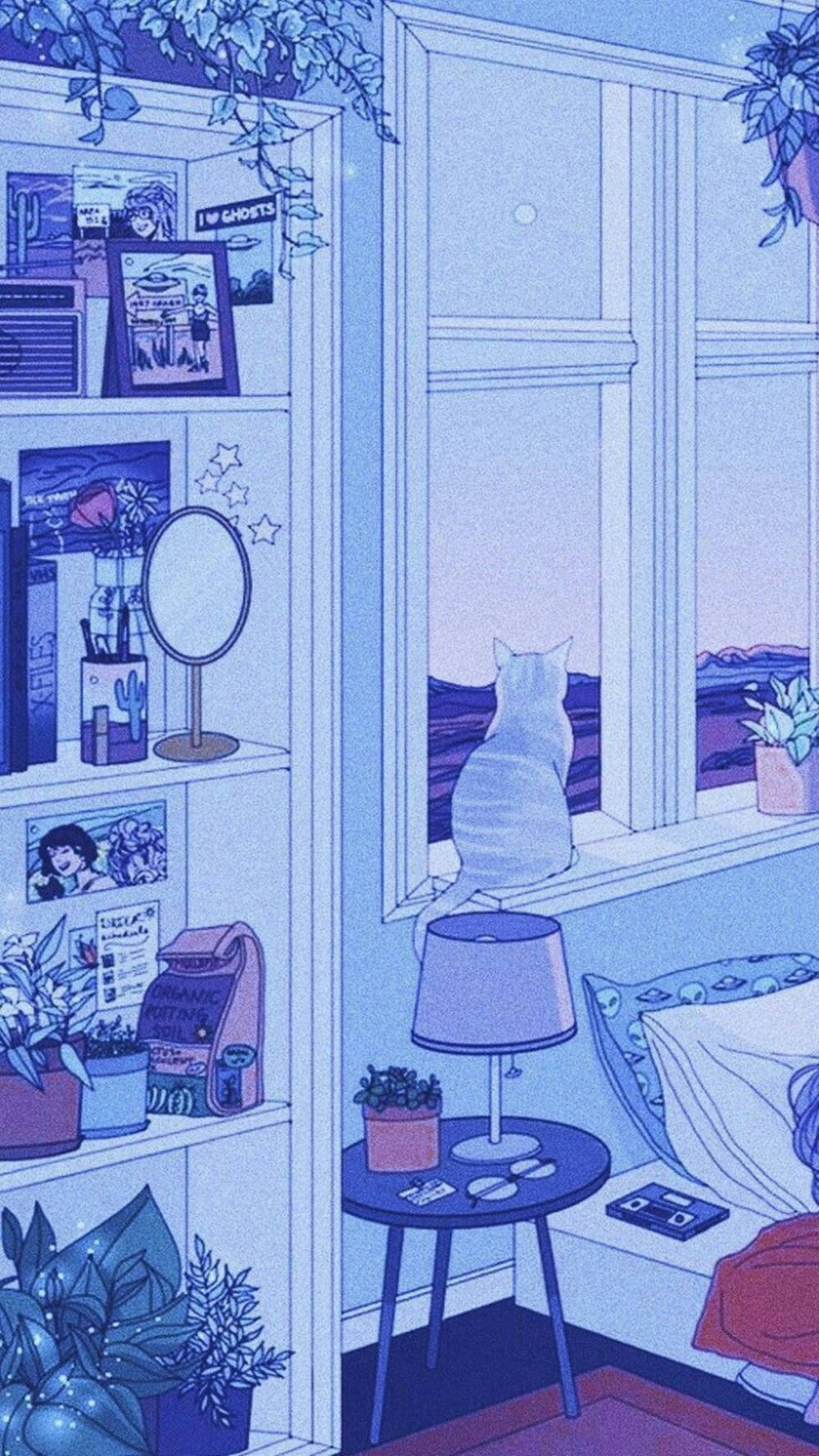 blue anime bedroom aesthetic, cat, window, HD Phone Wallpaper