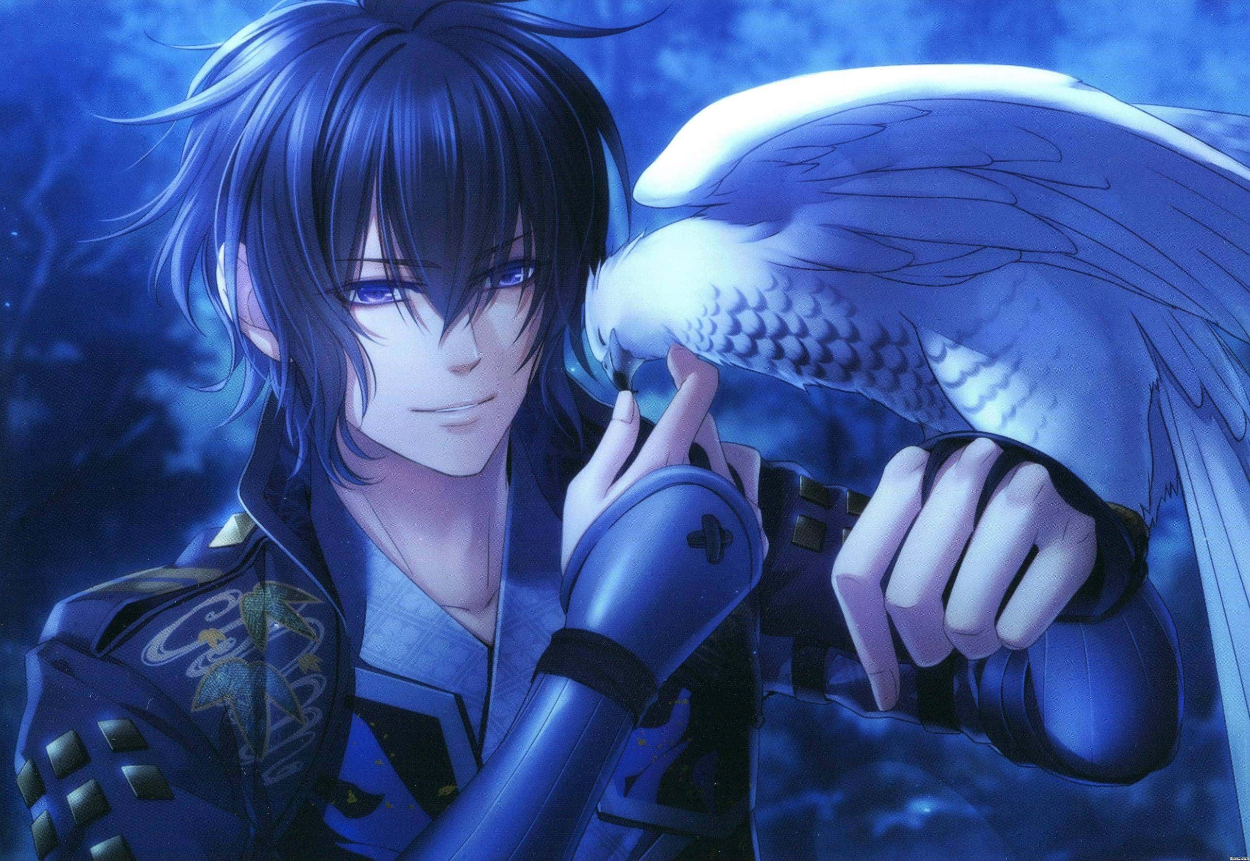 blue-haired anime boy, white bird, moody blue forest, 2K Desktop Wallpaper