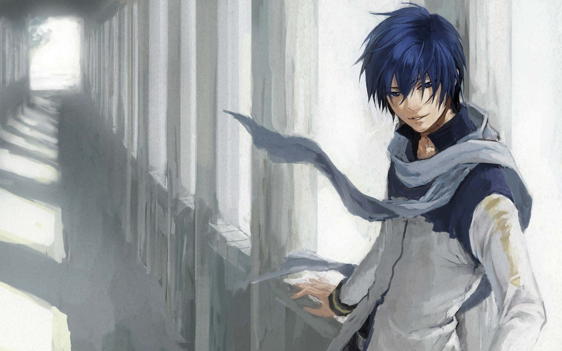 blue-haired anime boy, bluebells, sunlit corridor wall, Full HD Desktop Wallpaper