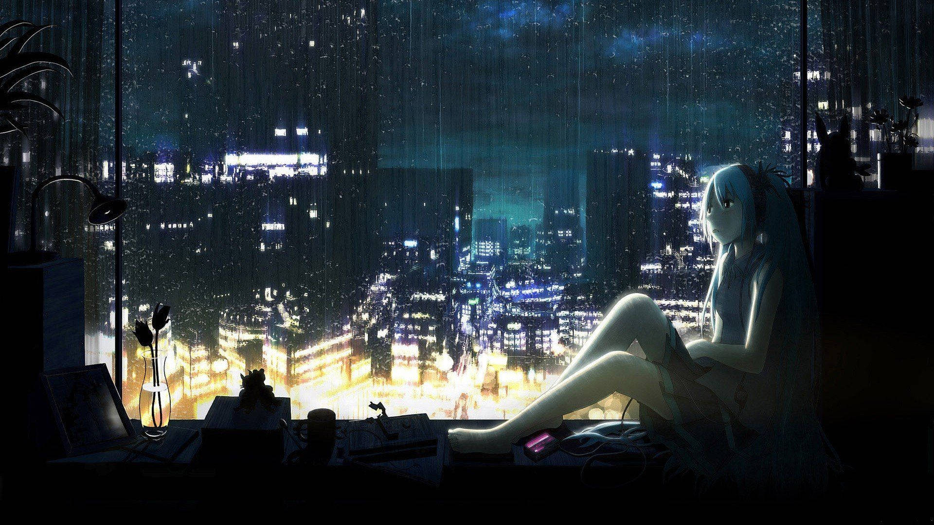 anime girl, rain-streaked window, glowing neon cityscape, Full HD Desktop Wallpaper