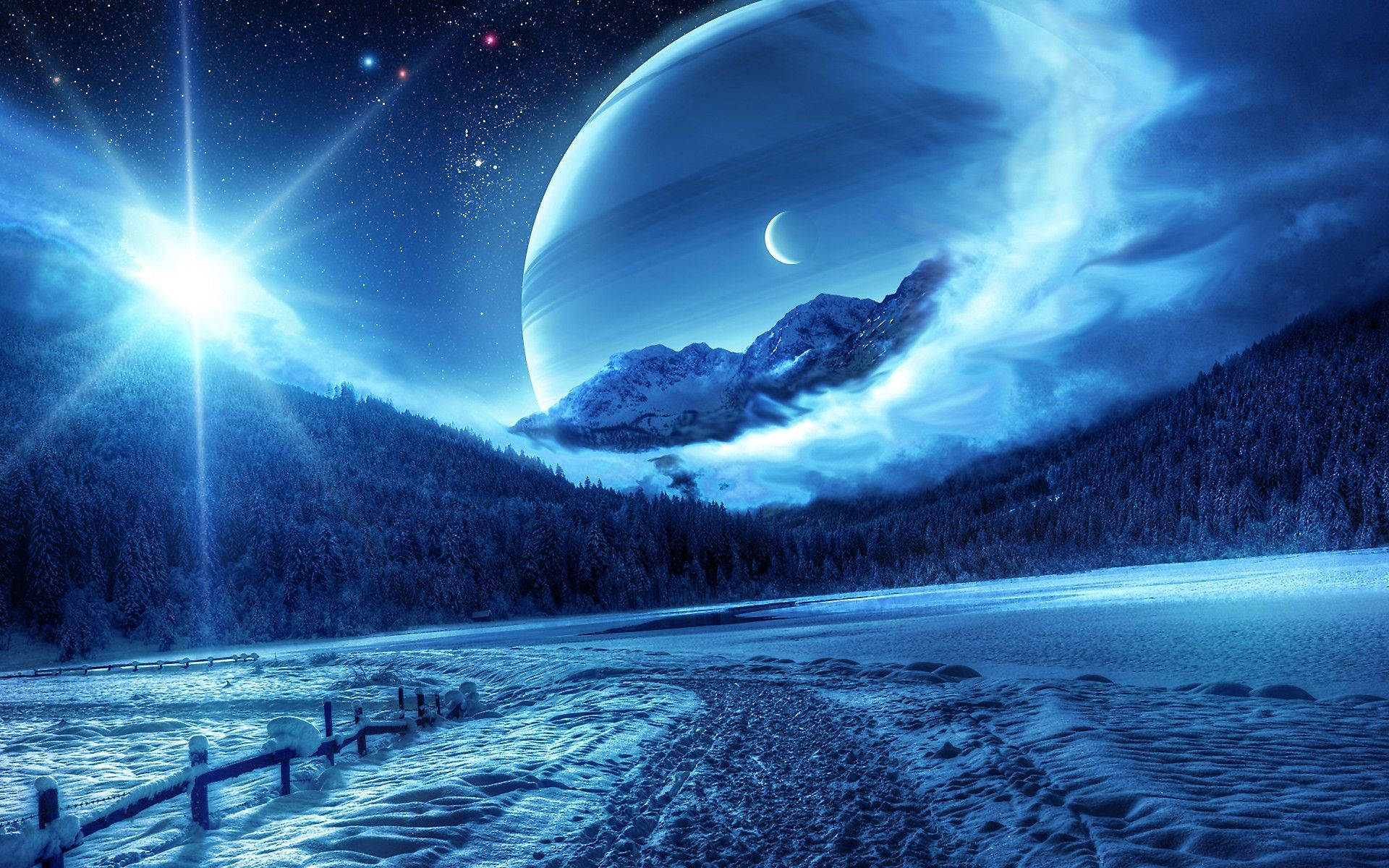 snowy mountain lake, starry sky, giant glowing planet, Full HD Desktop Wallpaper