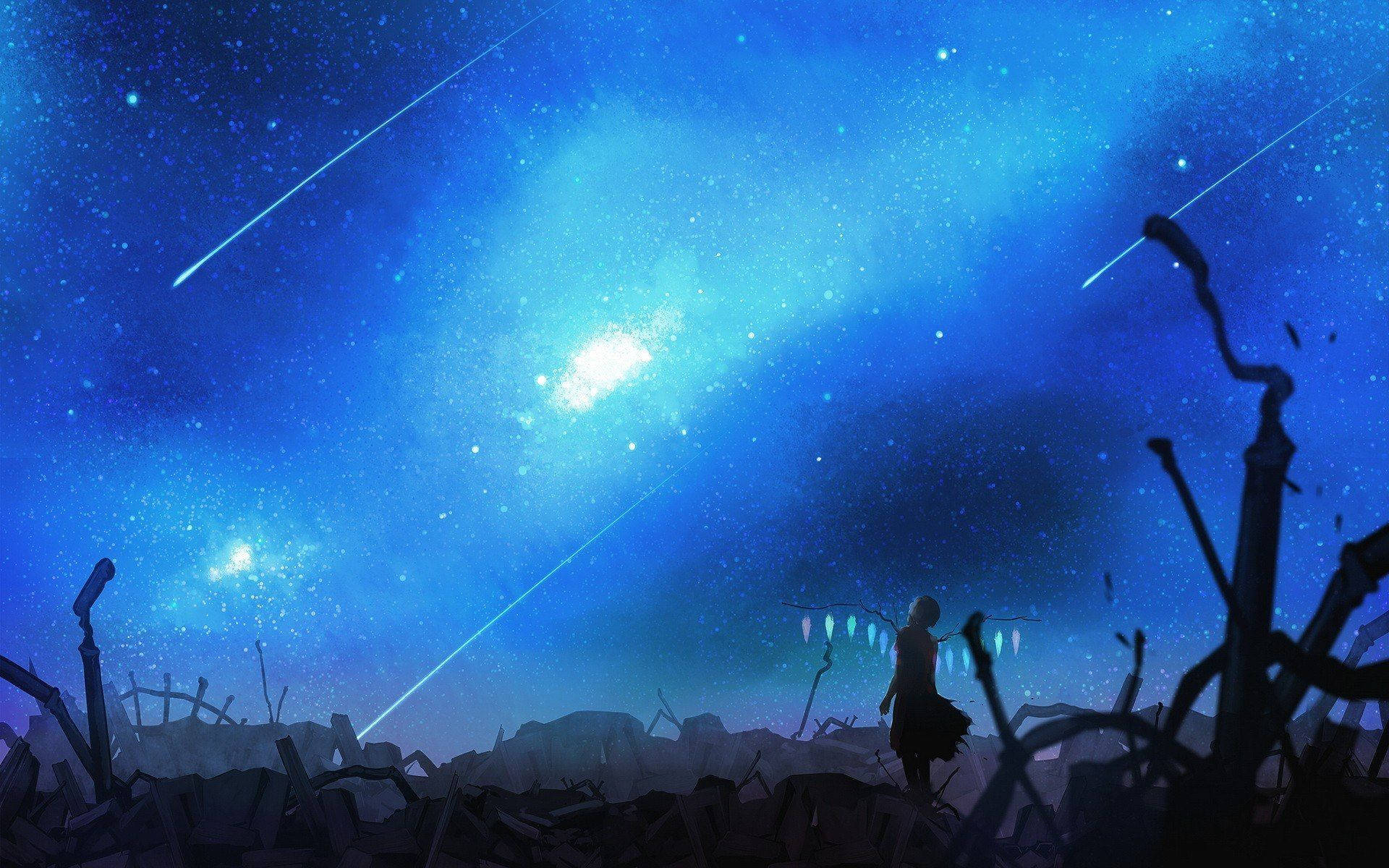 blue anime scenery, vibrant blue starry sky, shooting stars, Full HD Desktop Wallpaper