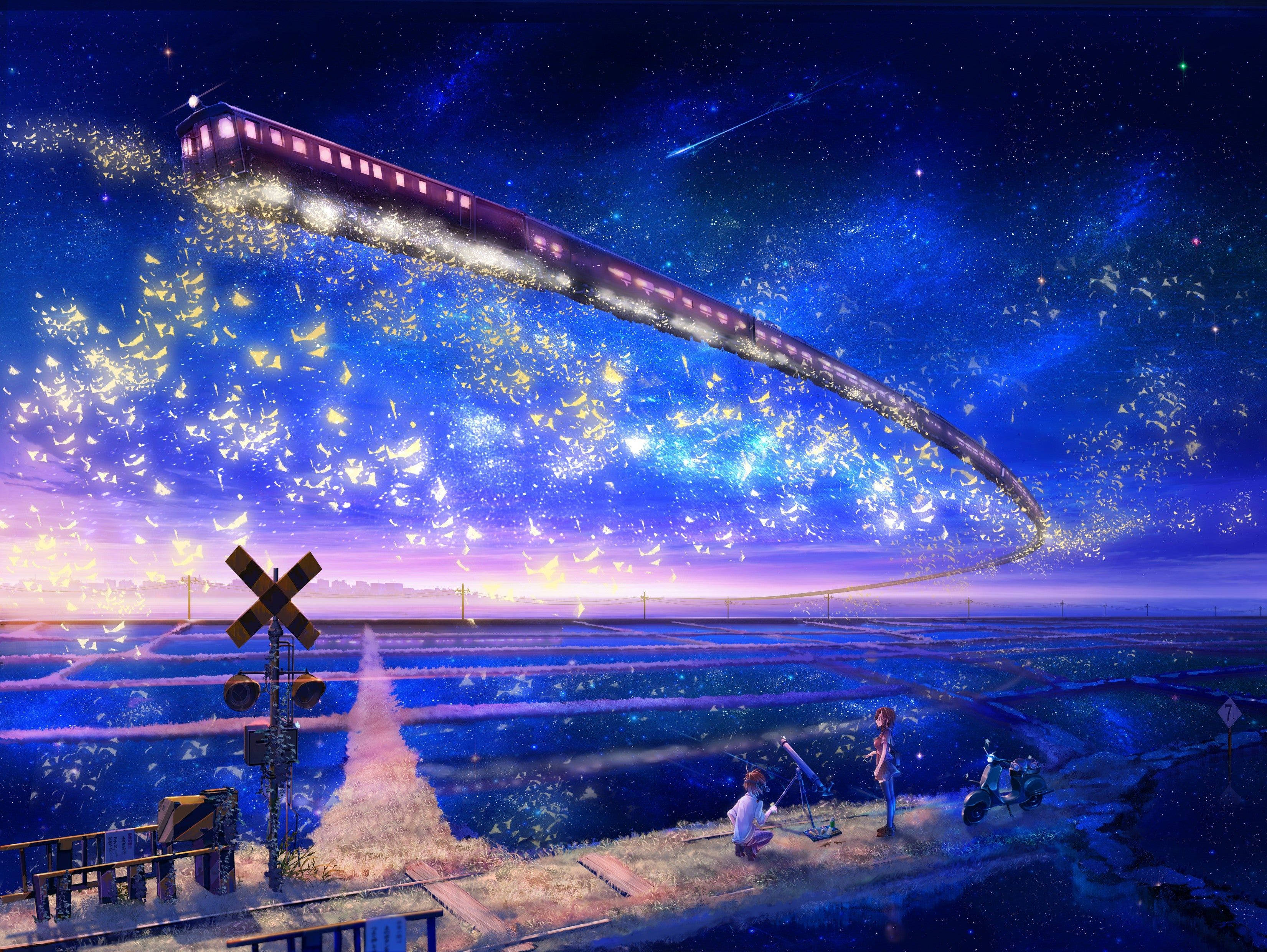 blue anime scenery, tranquil field, glowing train, 2K Desktop Wallpaper
