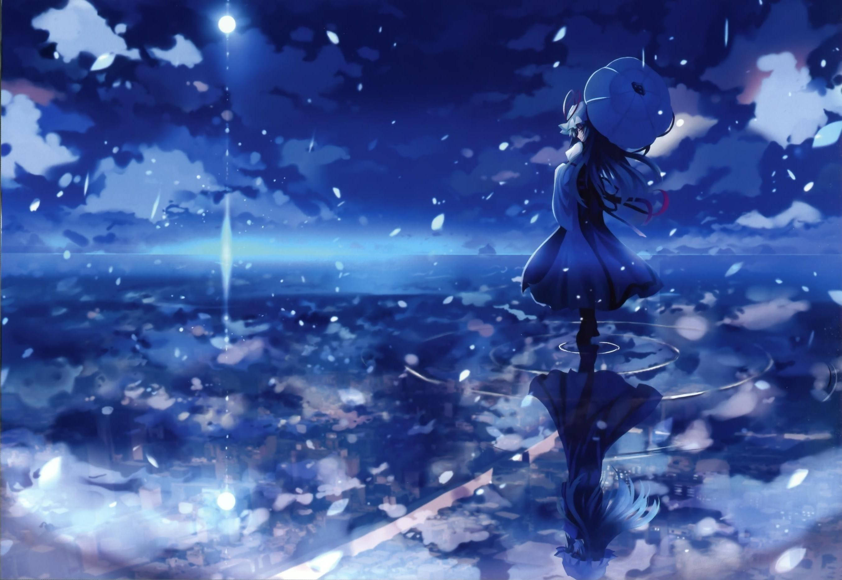 anime girl, blue dress, water, 2K Desktop Wallpaper