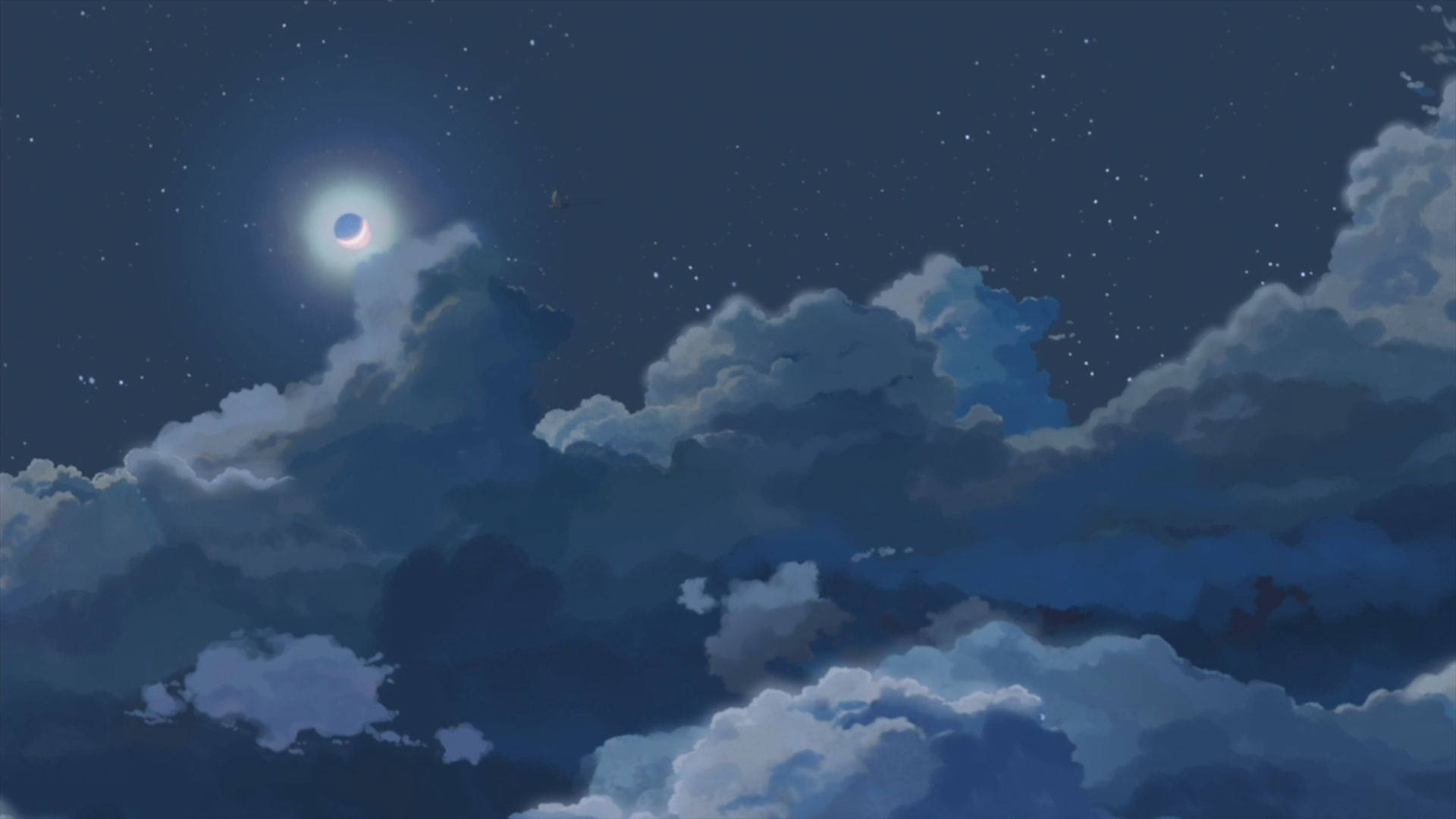 blue anime landscape, serene night sky, glowing crescent moon, Full HD Desktop Wallpaper