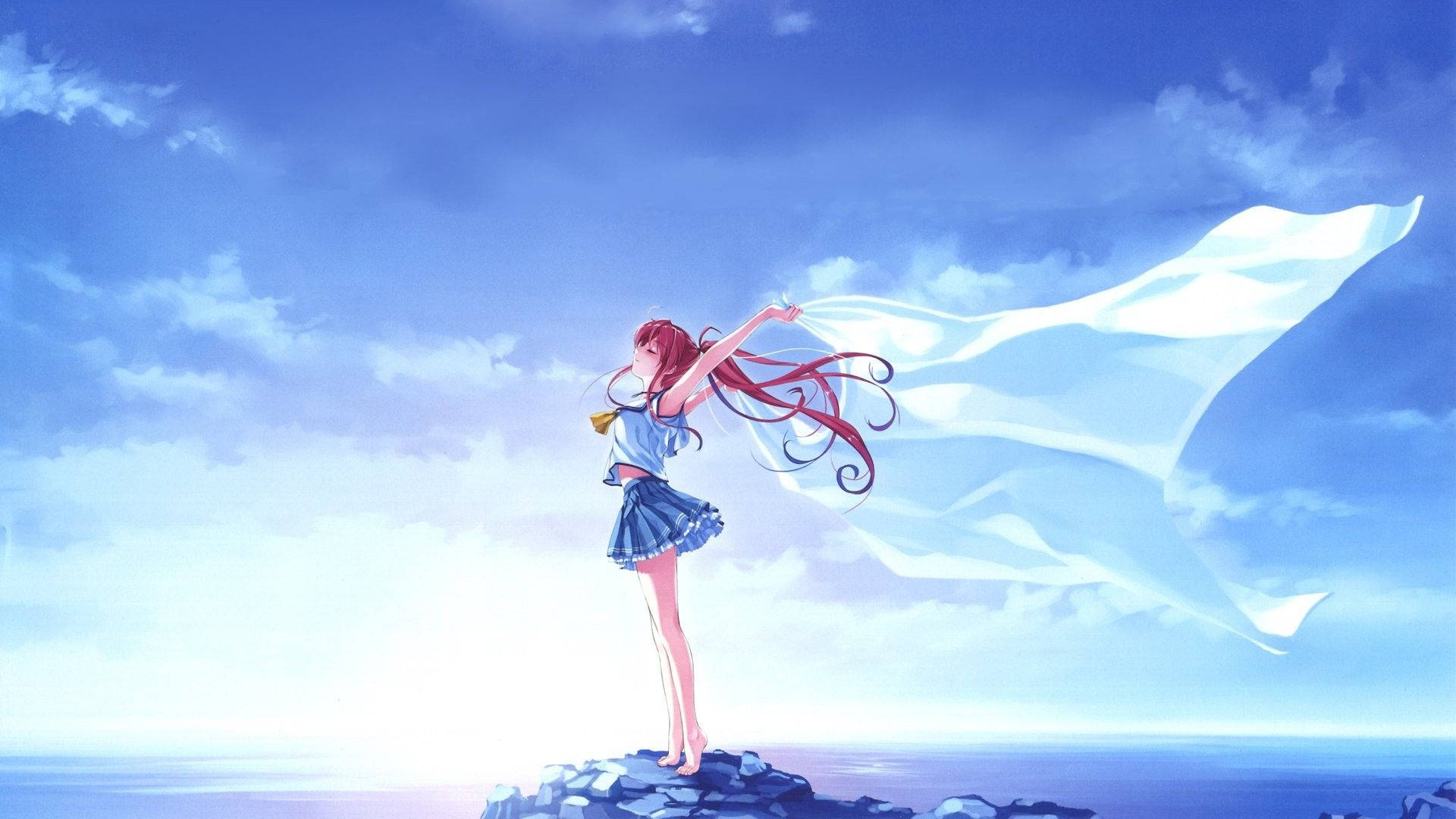 red-haired anime girl, blue dress, rocky cliff, Full HD Desktop Wallpaper