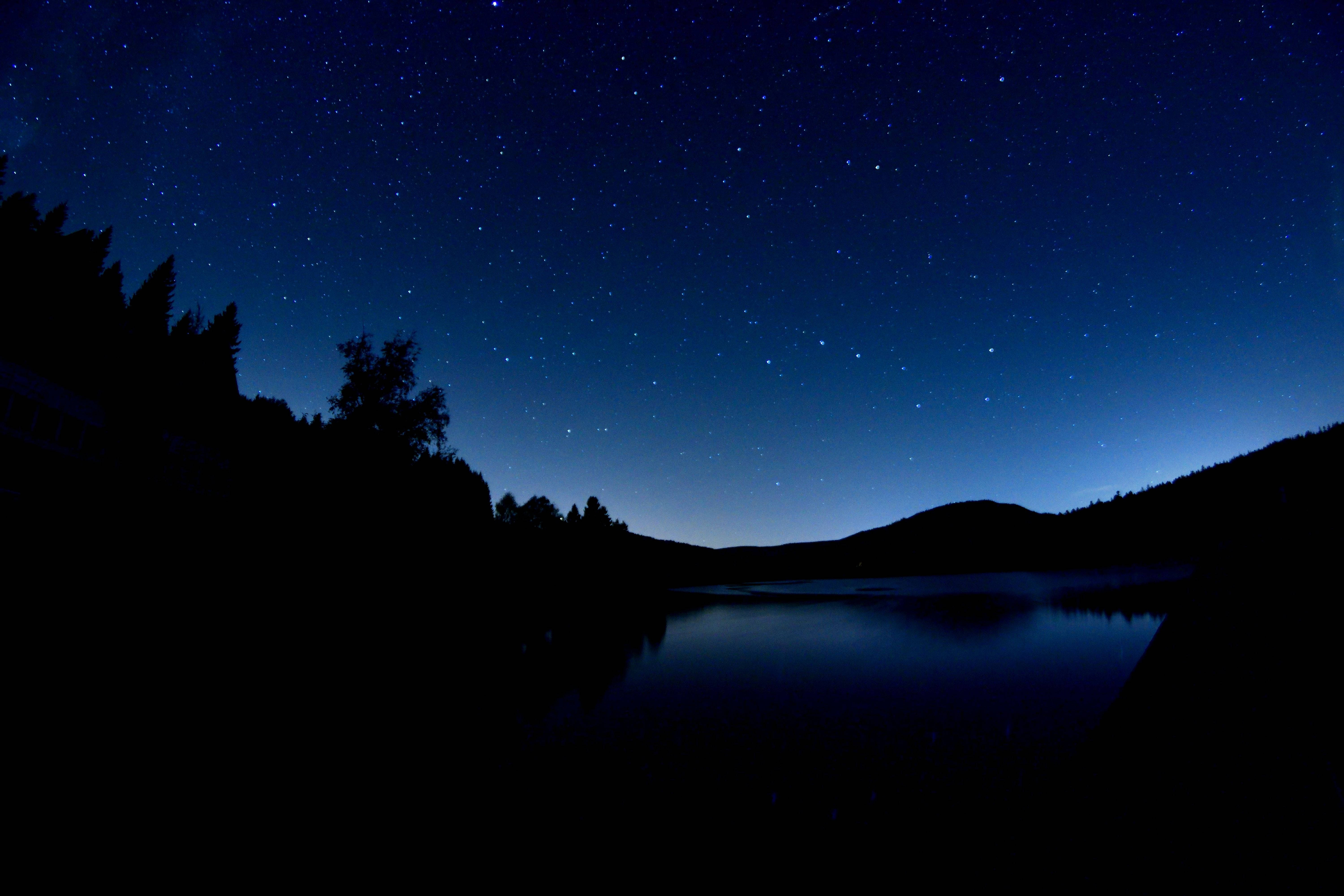 blue anime scenery, starry night sky, calm lake, 5K Desktop Wallpaper