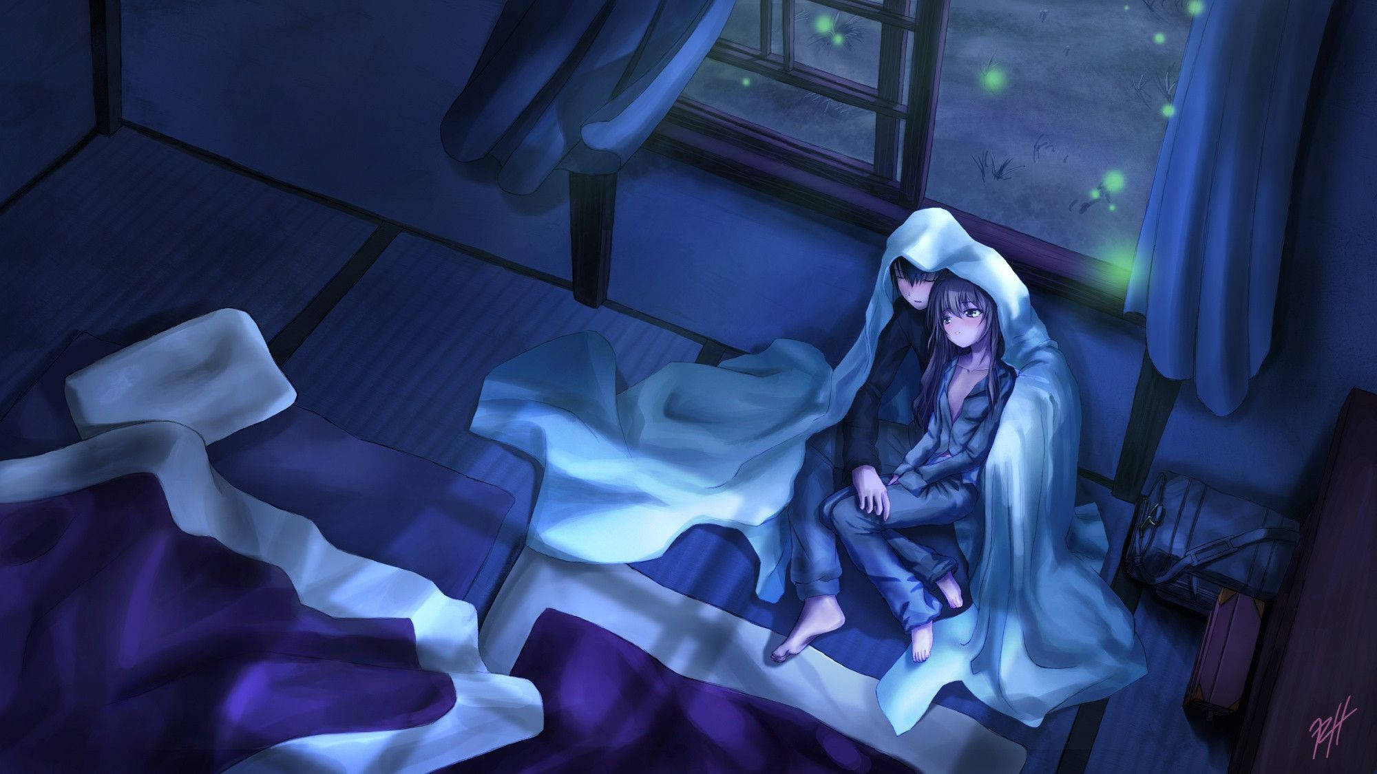 Anime Scenery, glowing blue blanket, dimly lit room, Full HD Desktop Wallpaper