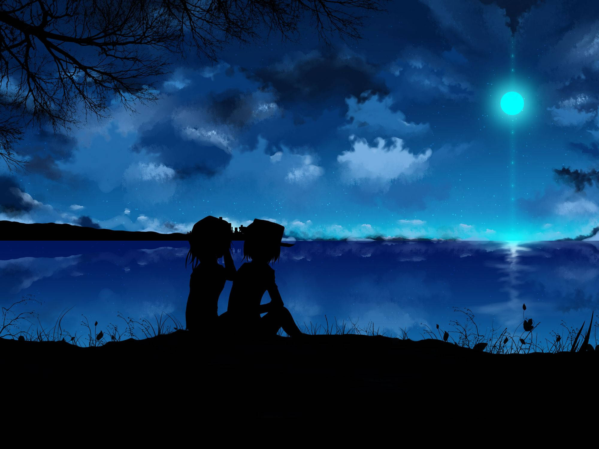 blue anime scenery, anime figures, lake, Full HD Desktop Wallpaper