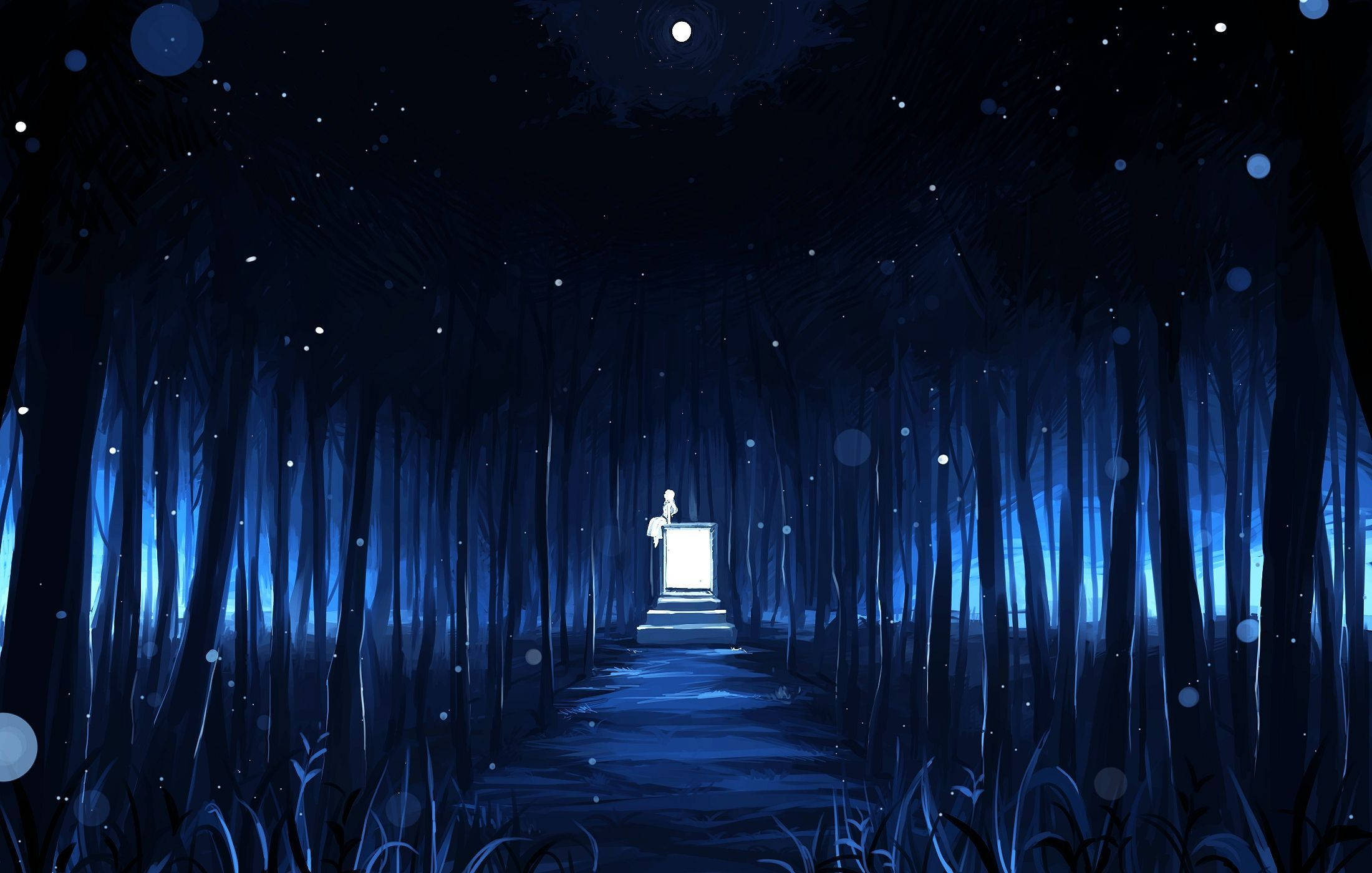 blue anime landscape, mystical blue forest path, glowing door, Full HD Desktop Wallpaper