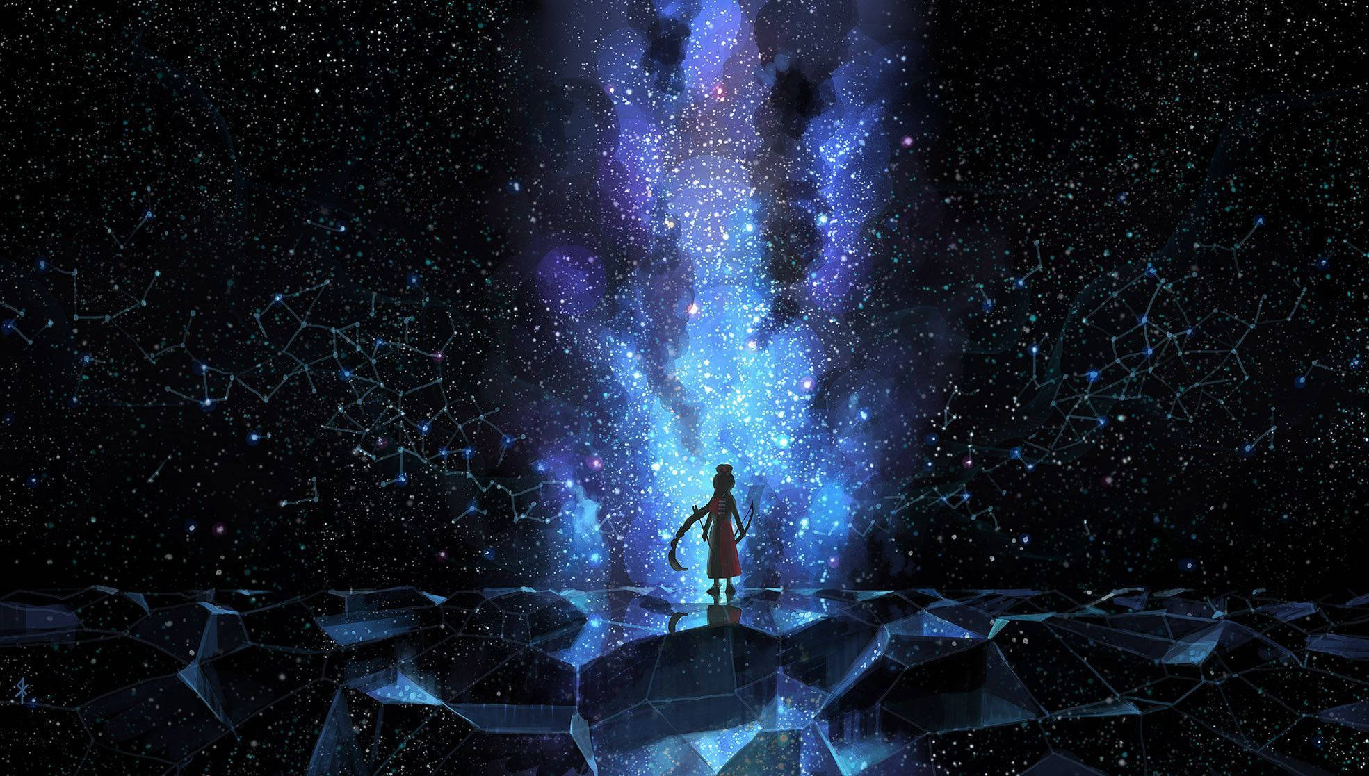 blue starry sky, crystalline platform, radiant blue cosmic waterfall, Full HD Desktop Wallpaper
