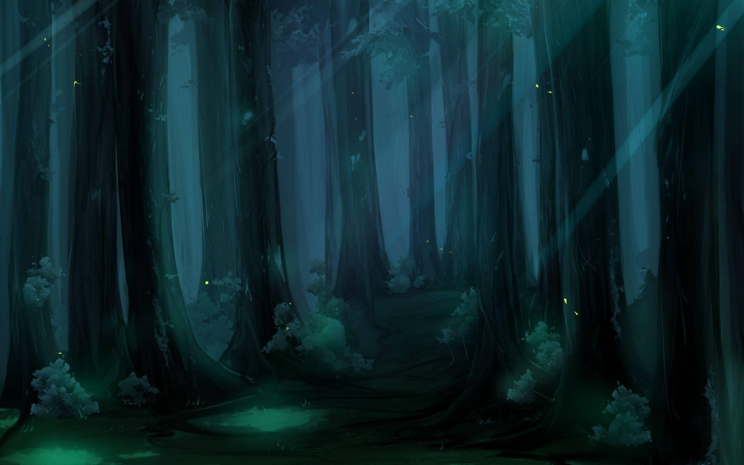 blue anime scenery, misty forest path, ethereal teal light, 2K Desktop Wallpaper
