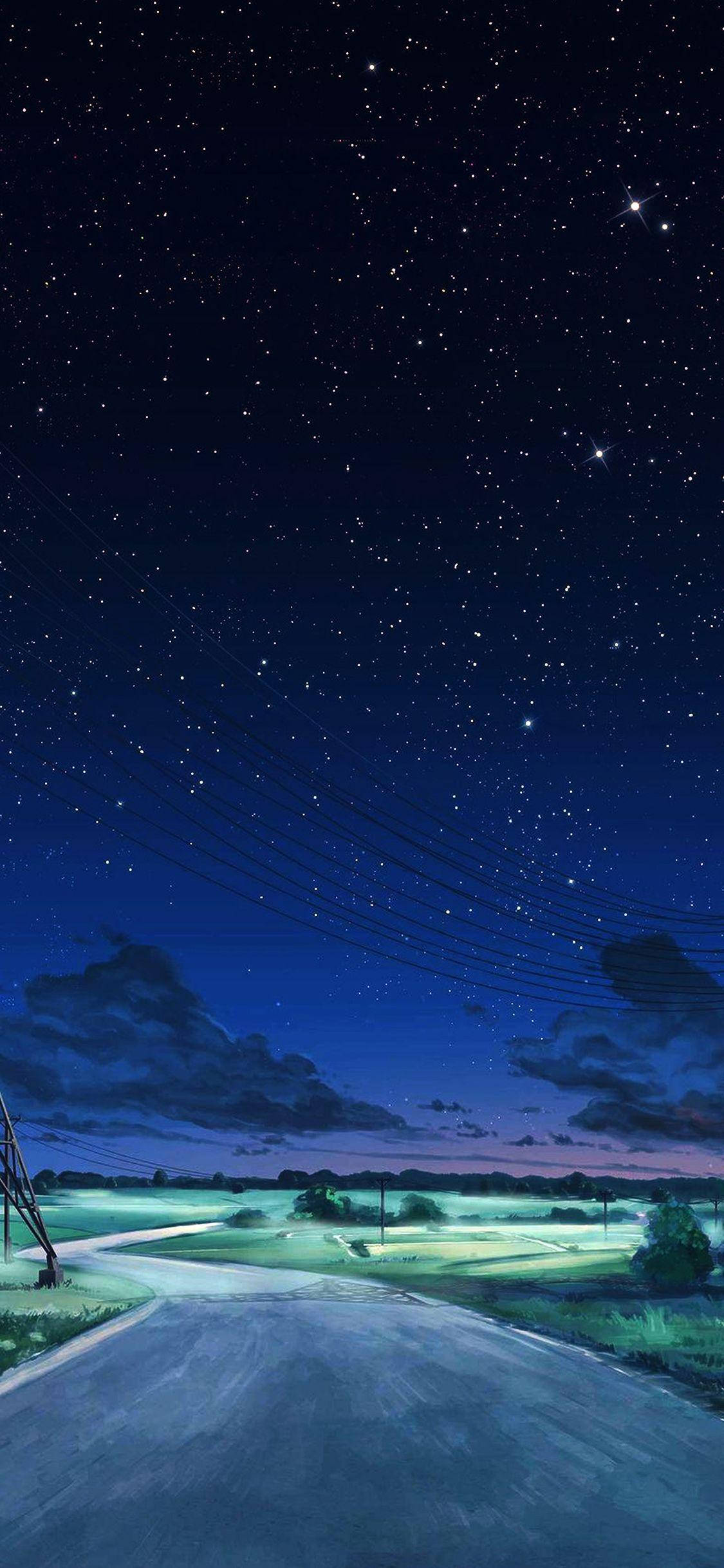winding road, vast starry night sky, glowing clouds, Full HD Phone Wallpaper