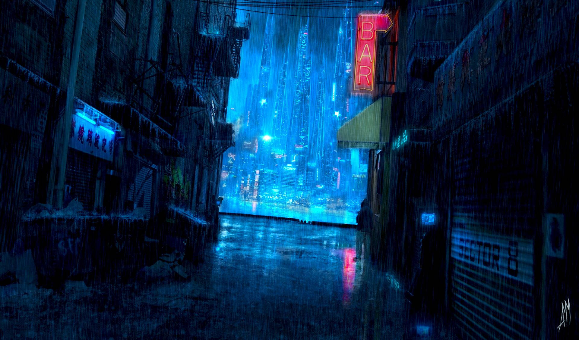 neon-lit alleyway, cyberpunk cityscape, electric blue lights, Full HD Desktop Wallpaper