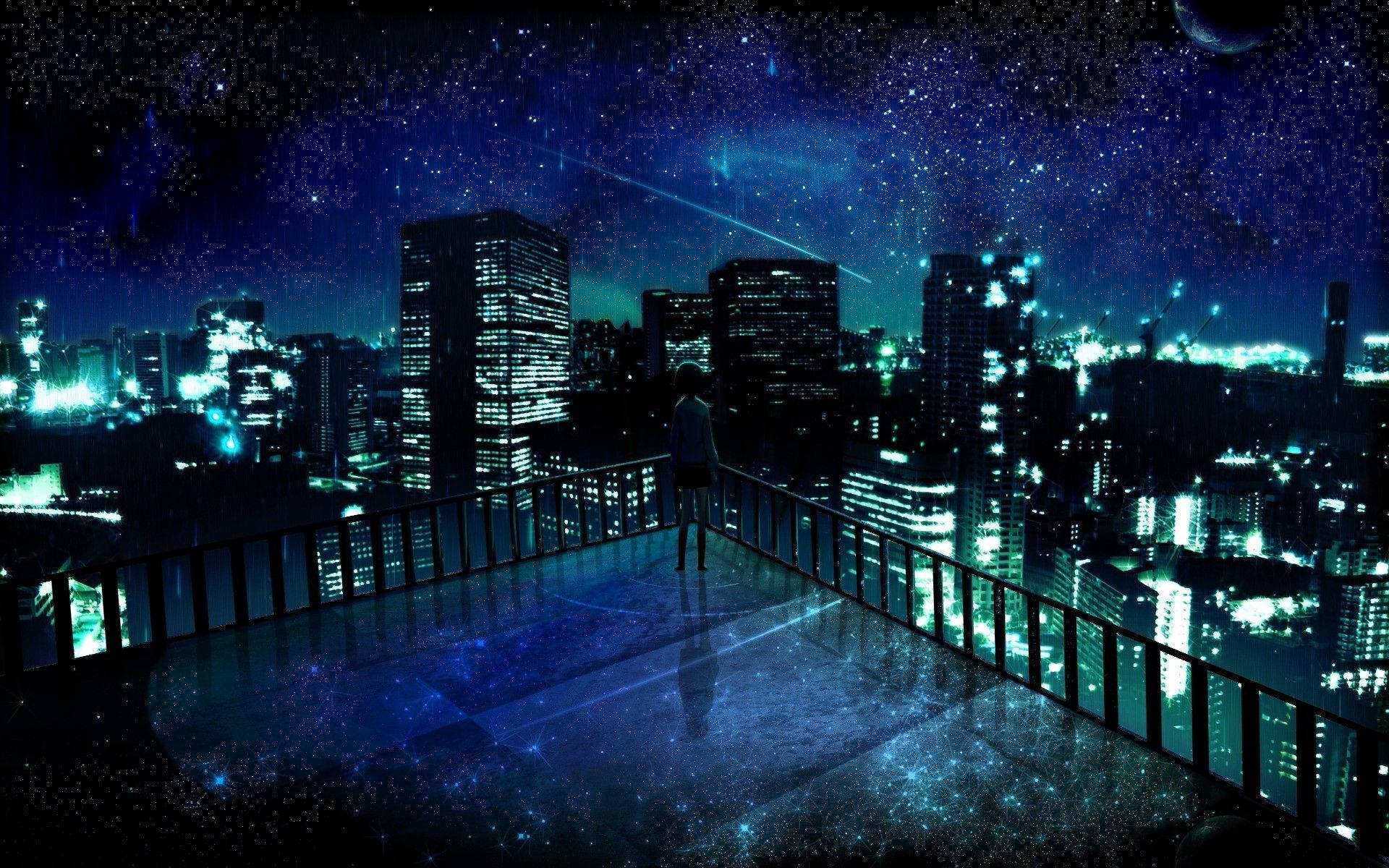 Blue Anime Scenery, rooftop, glowing cityscape, Full HD Desktop Wallpaper