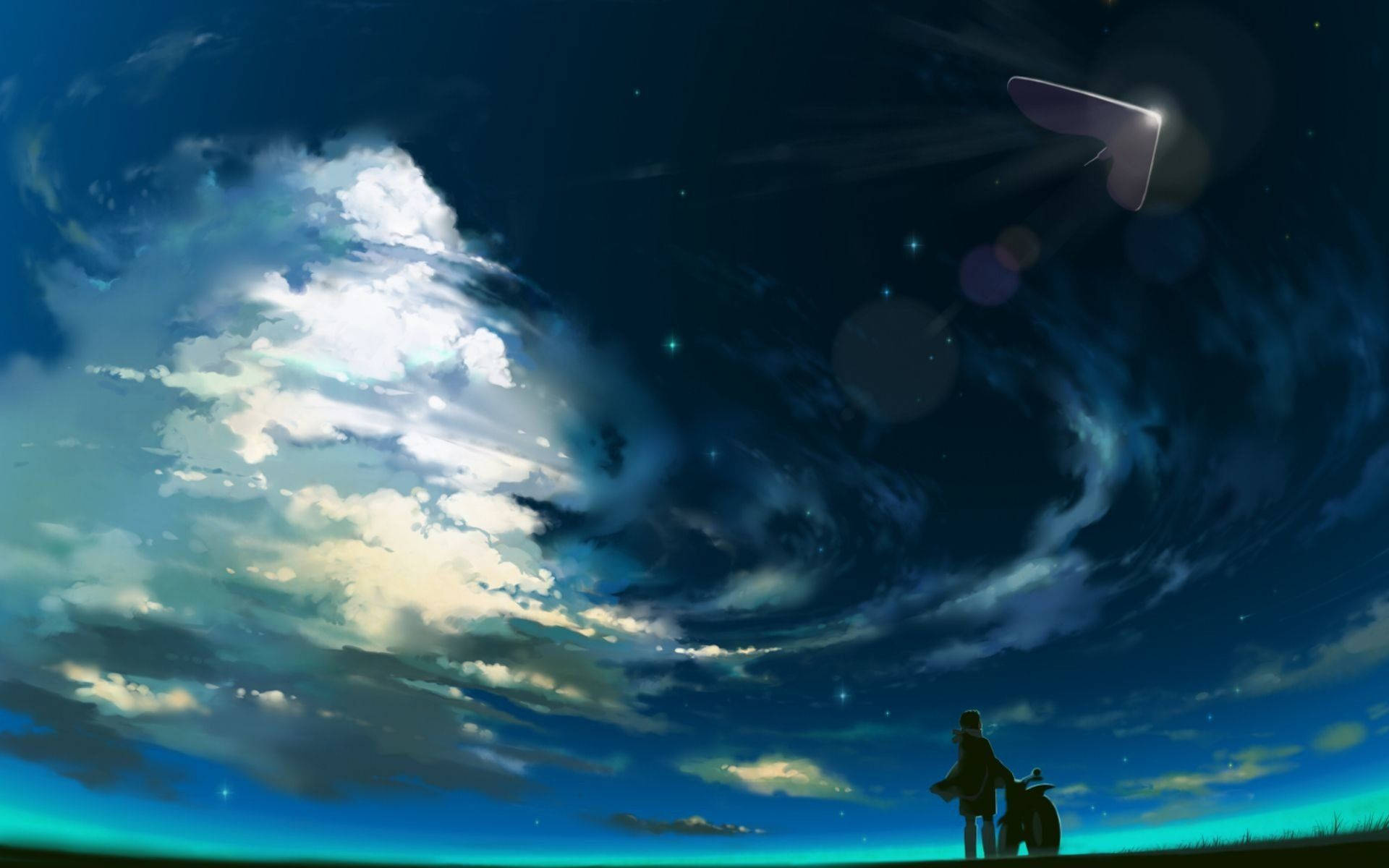 blue anime scenery, lone figure, grassy horizon, Full HD Desktop Wallpaper