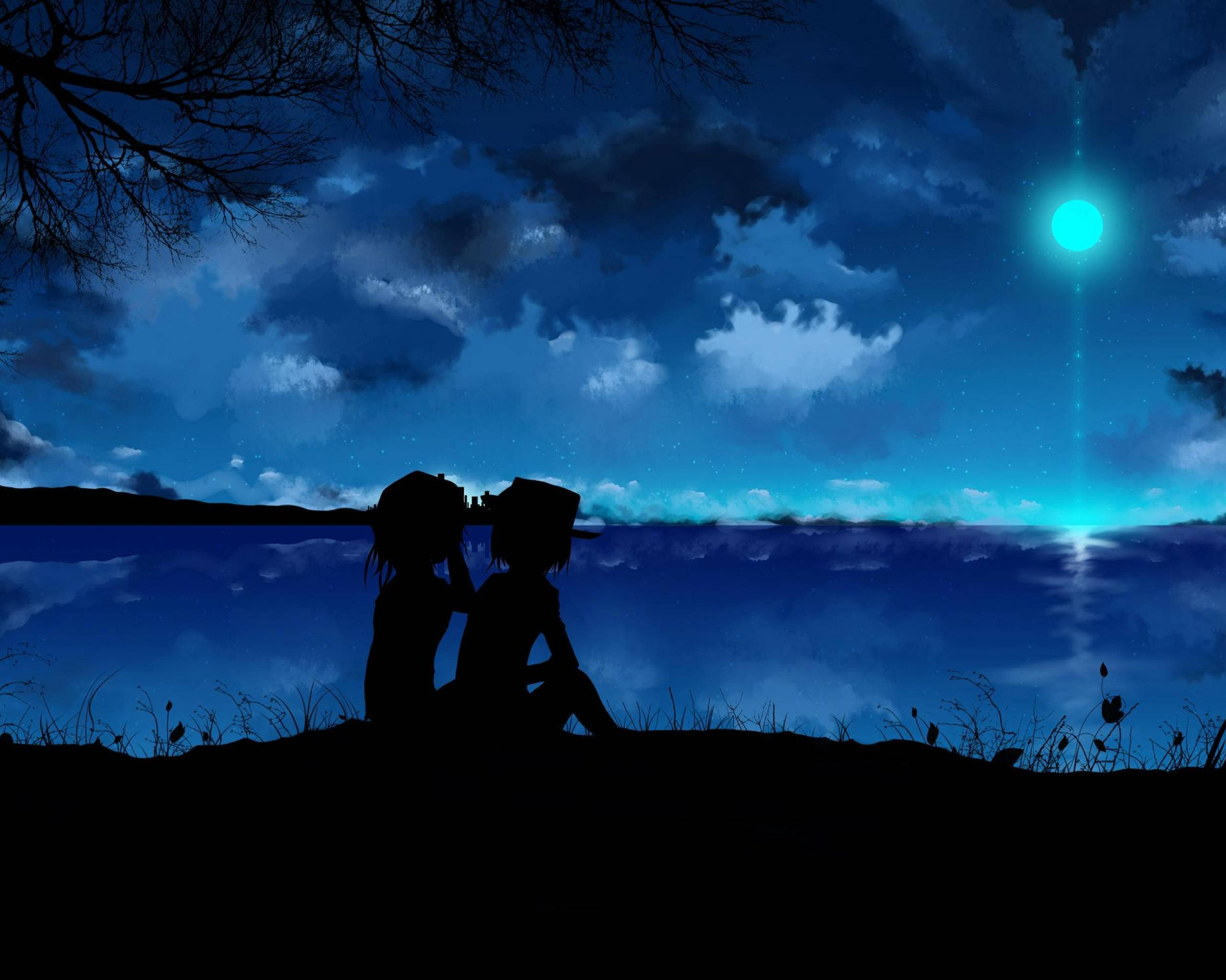 blue anime scenery, lake, glowing moonlit sky, 2K Desktop Wallpaper