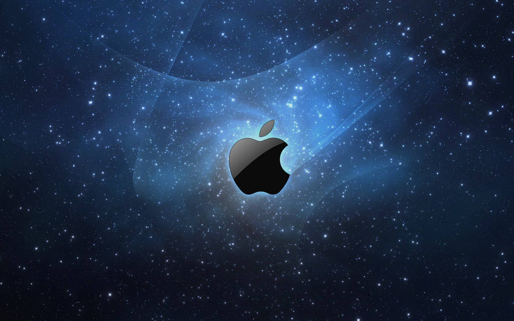 black Apple logo, deep blue starfield, glowing cosmic rays, HD Desktop Wallpaper