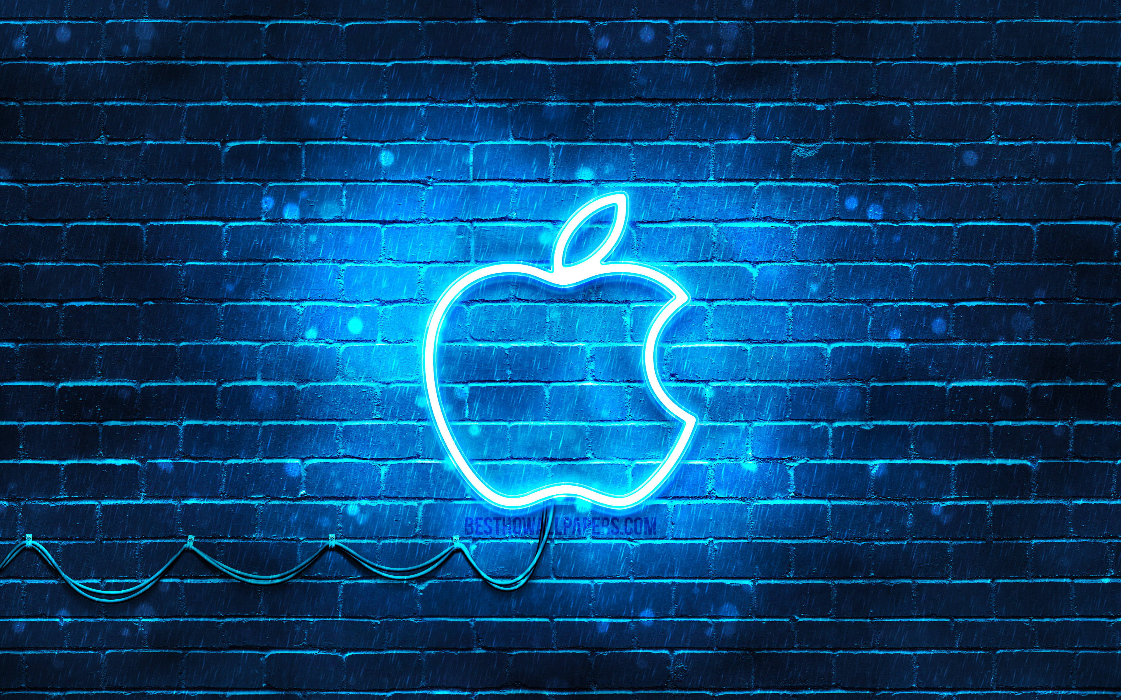 Blue Apple, neon Apple logo, wet brick wall, 4K Desktop Wallpaper