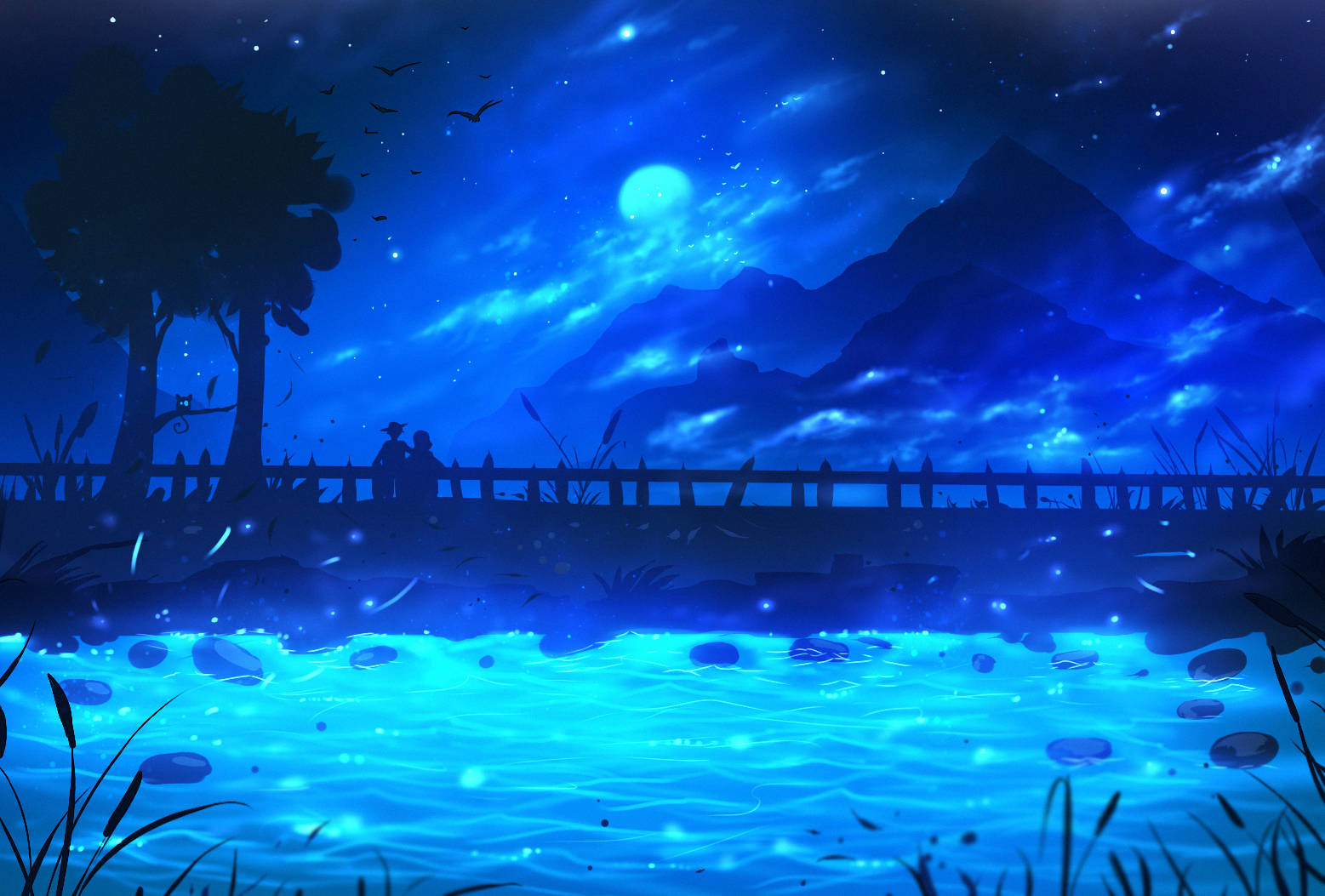 Night Blue Art, bridge, glowing blue water, HD Desktop Wallpaper