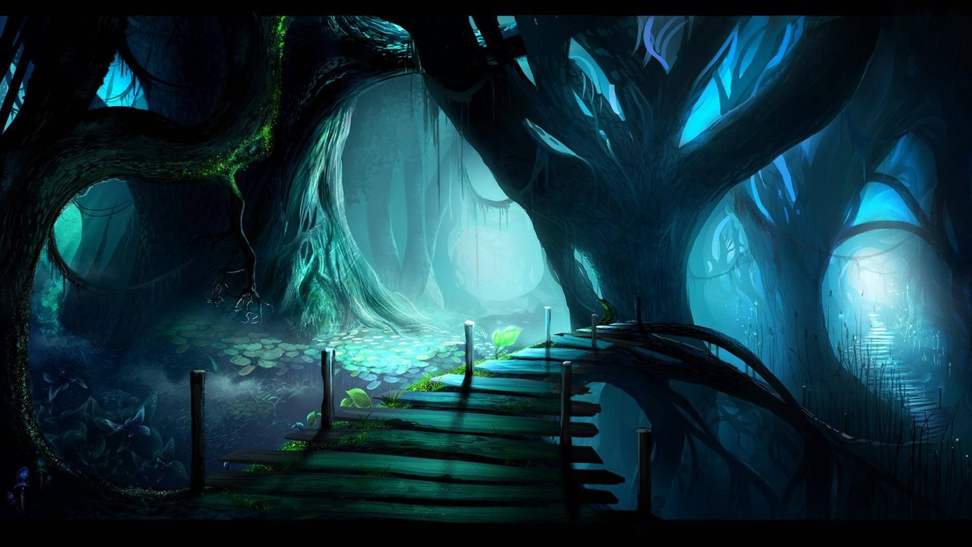 Blue Art, forest path, colossal glowing trees, Full HD Desktop Wallpaper
