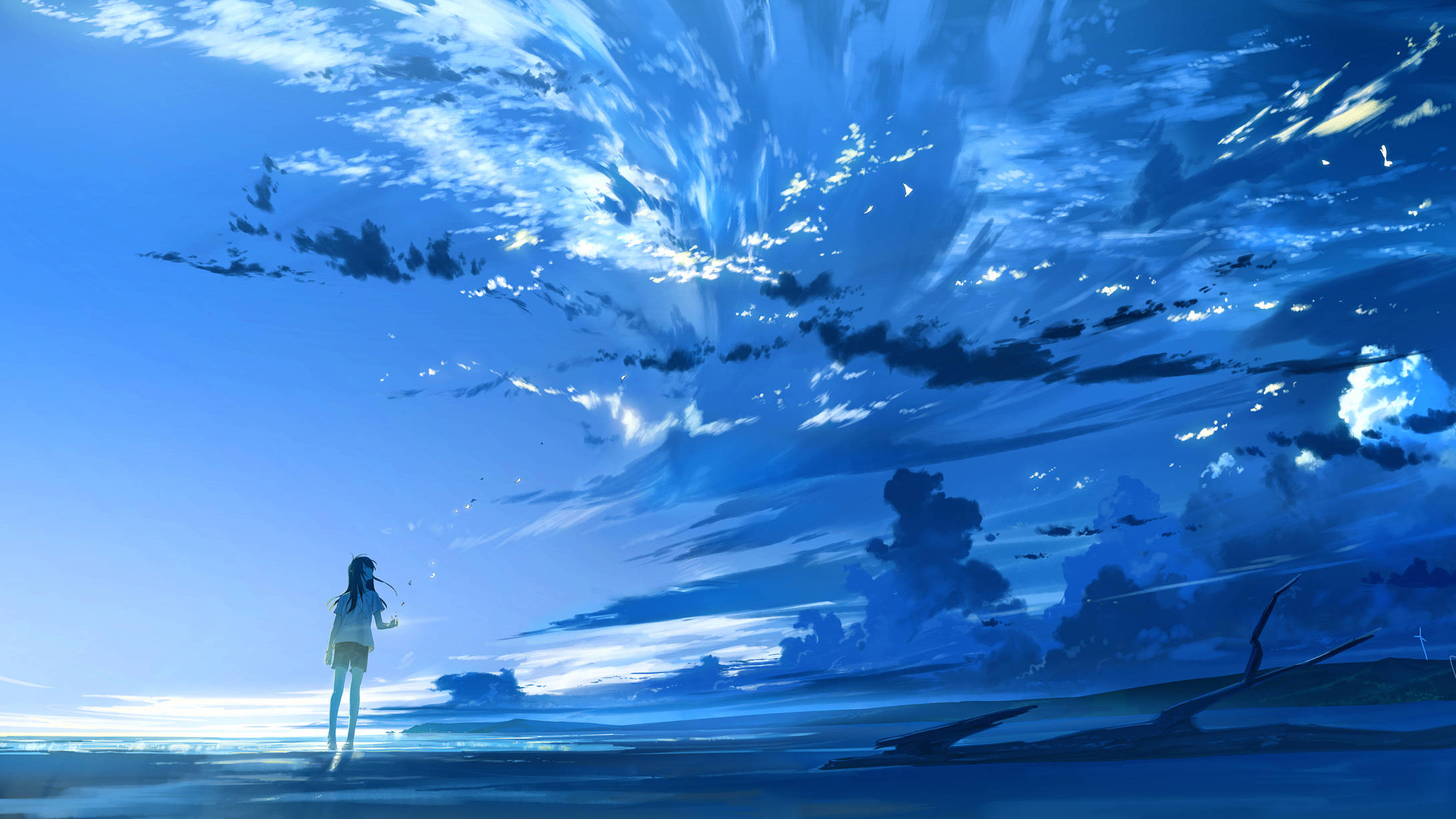 Blue Art, anime girl, vast blue beach, Full HD Desktop Wallpaper