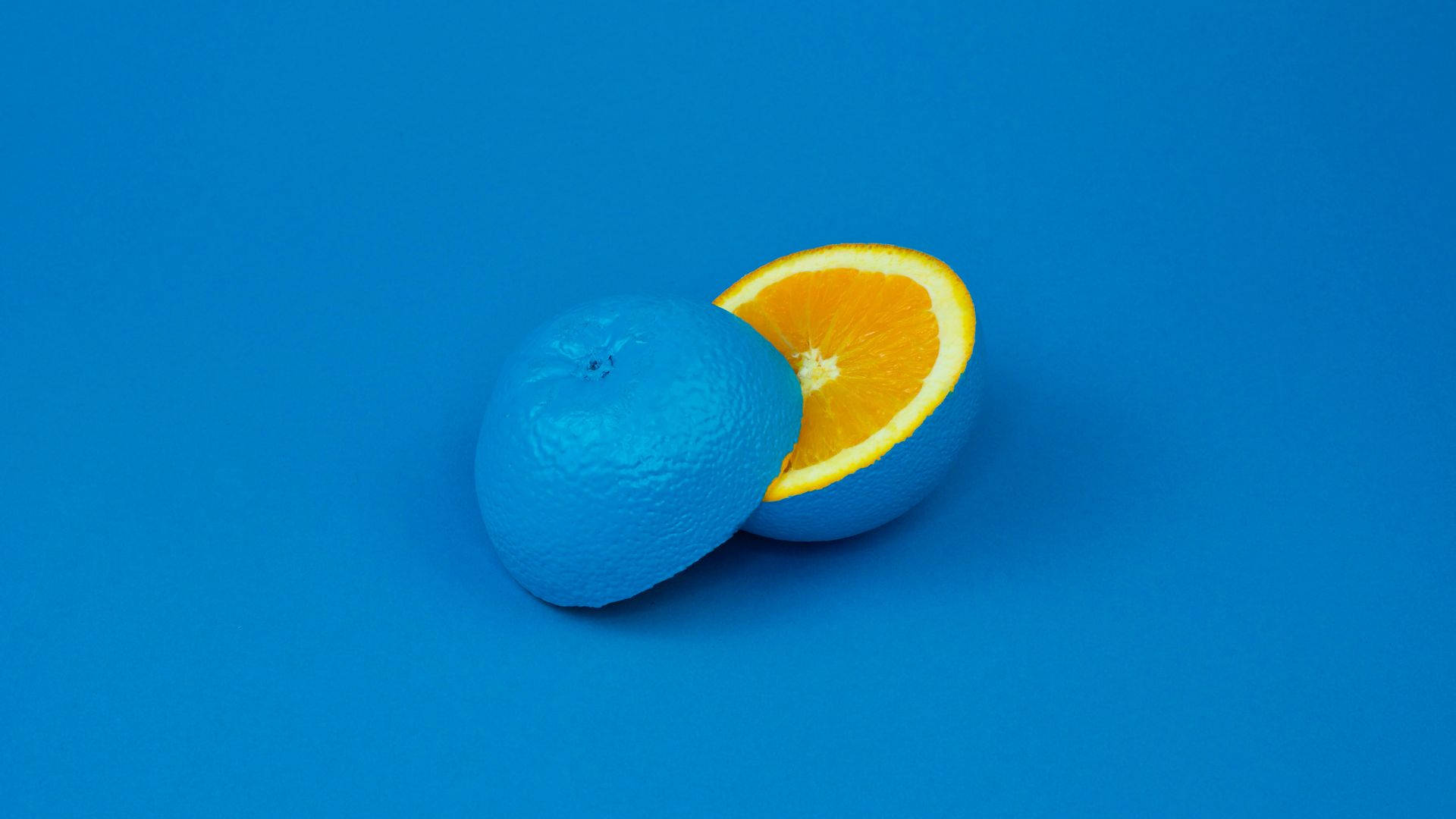 blue-painted orange, solid blue background, Abstract Blue Art, Full HD Desktop Wallpaper