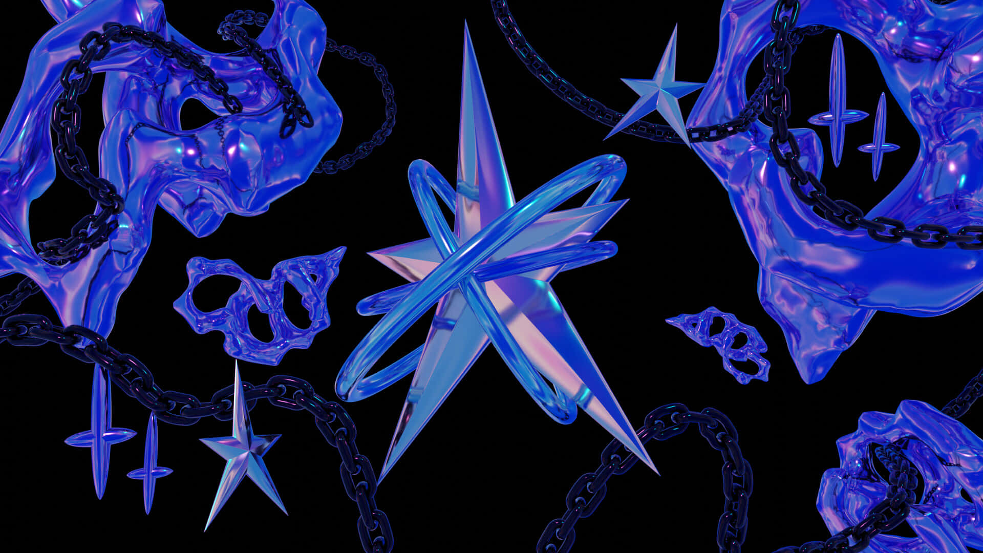 glossy blue crystalline stars, skulls, black chains, Full HD Desktop Wallpaper