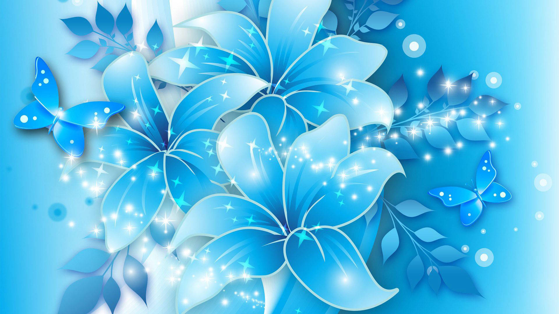 Blue Abstract Artwork, vibrant blue lilies, butterflies, Full HD Desktop Wallpaper