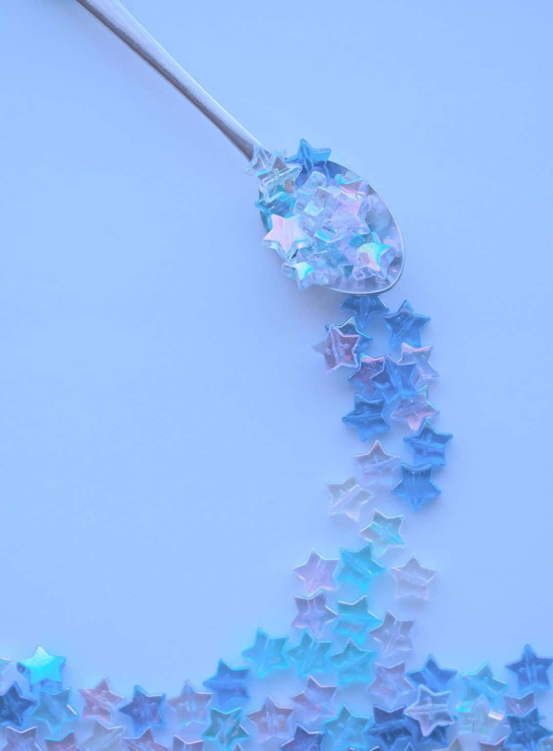 silver spoon, iridescent blue star-shaped confetti, soft pastel blue background, HD Phone Wallpaper