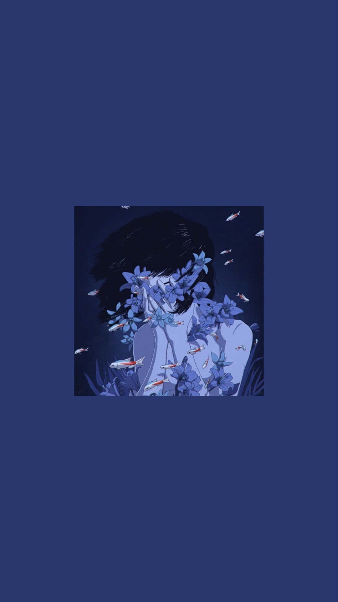 anime girl, dark hair, blue flowers, Full HD Phone Wallpaper