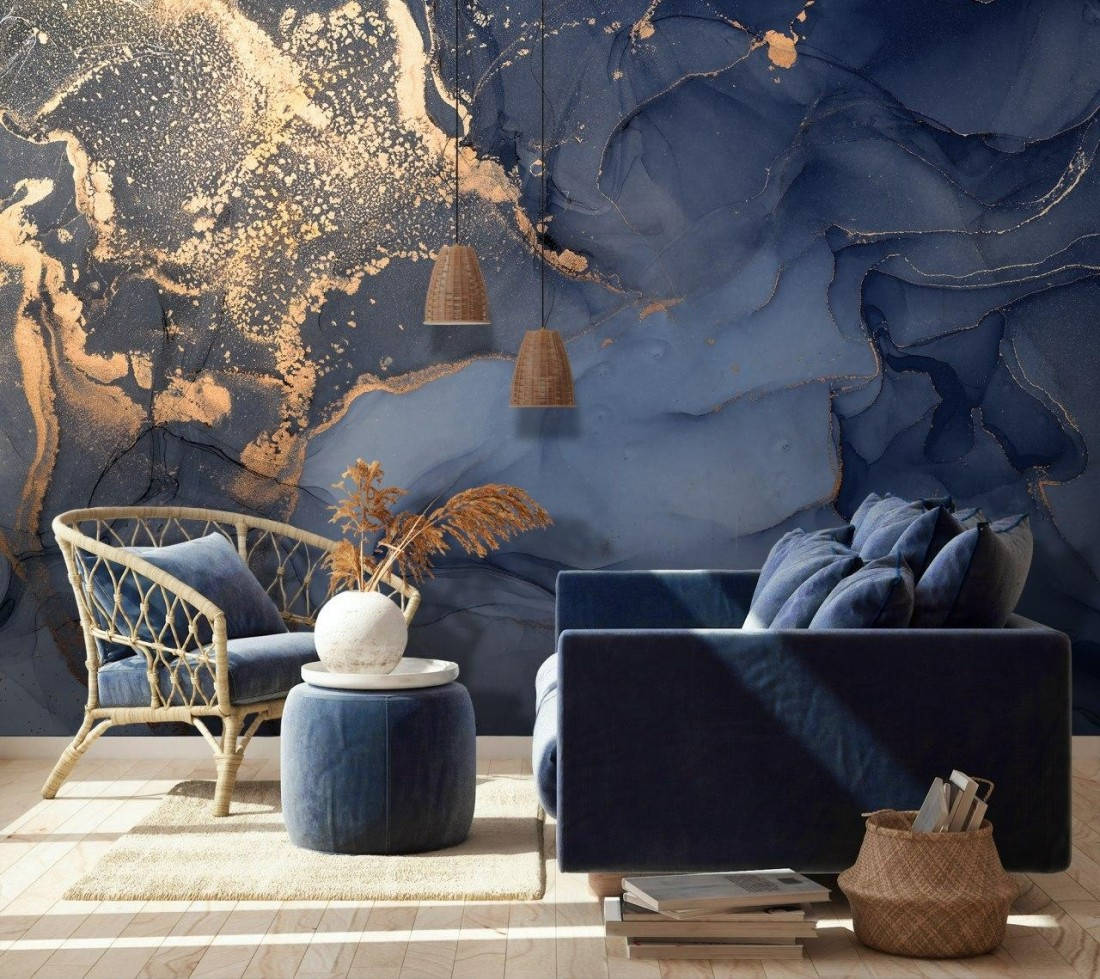 Blue Art, navy velvet furniture, dramatic blue gold abstract mural wall, SD Desktop Wallpaper