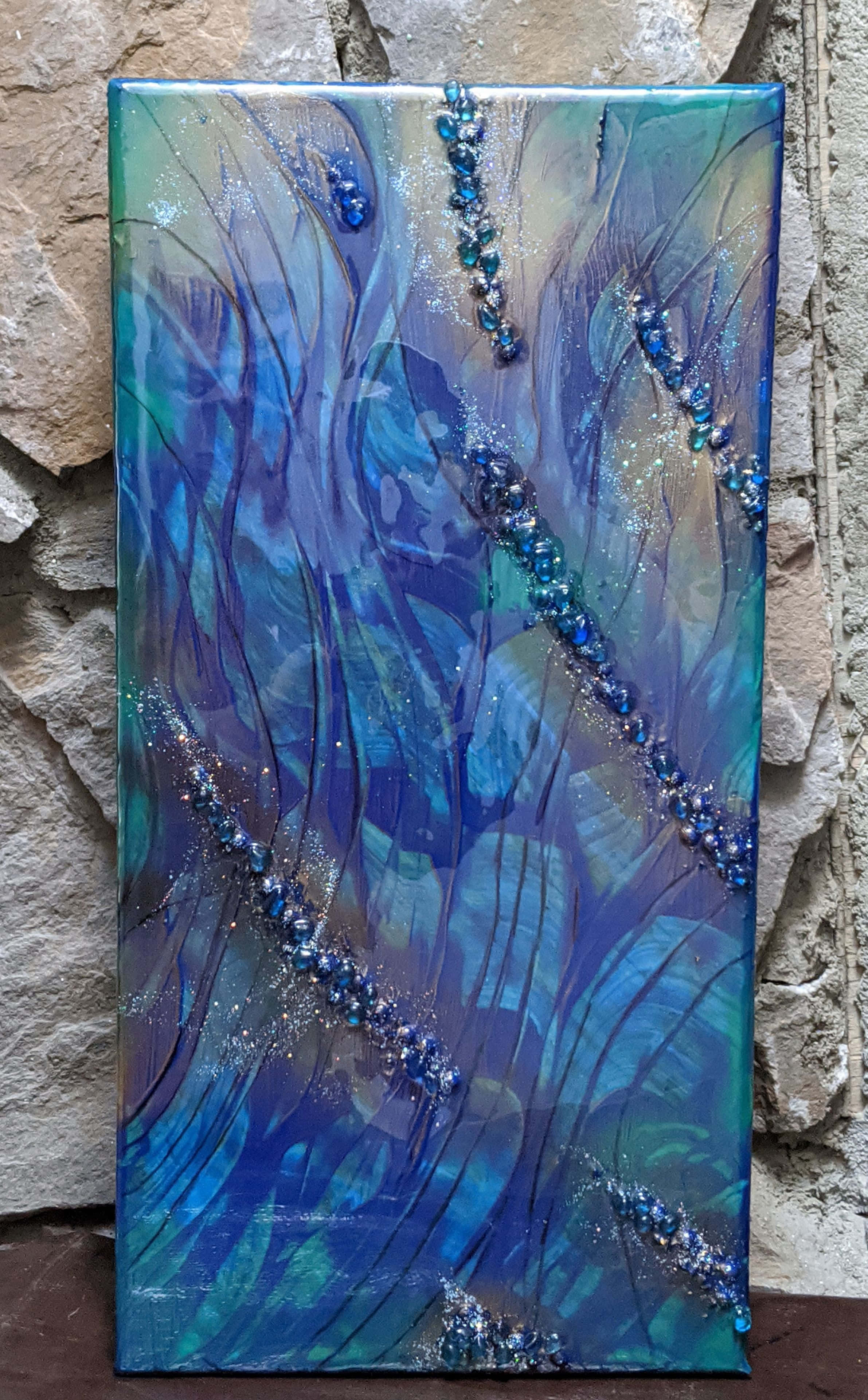 abstract blue resin art piece, teal, glitter, 4K Phone Wallpaper