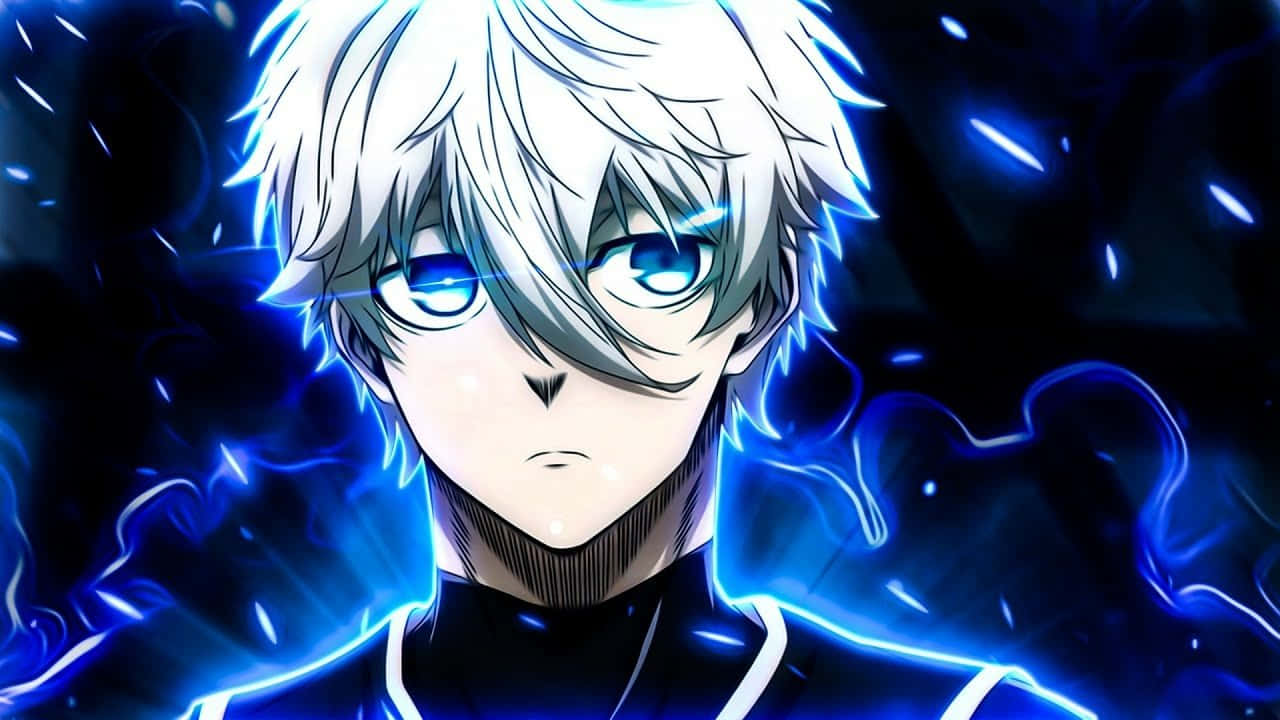 blue eyed anime character, electric aura, white-haired, HD Desktop Wallpaper