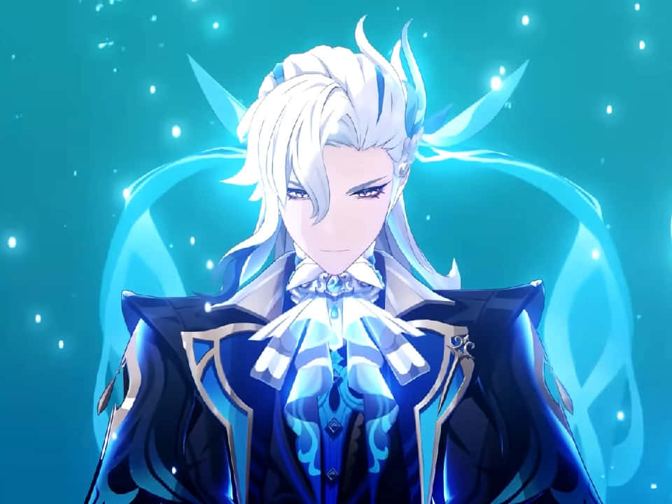 ethereal blue anime character, white hair, blue armor, SD Desktop Wallpaper