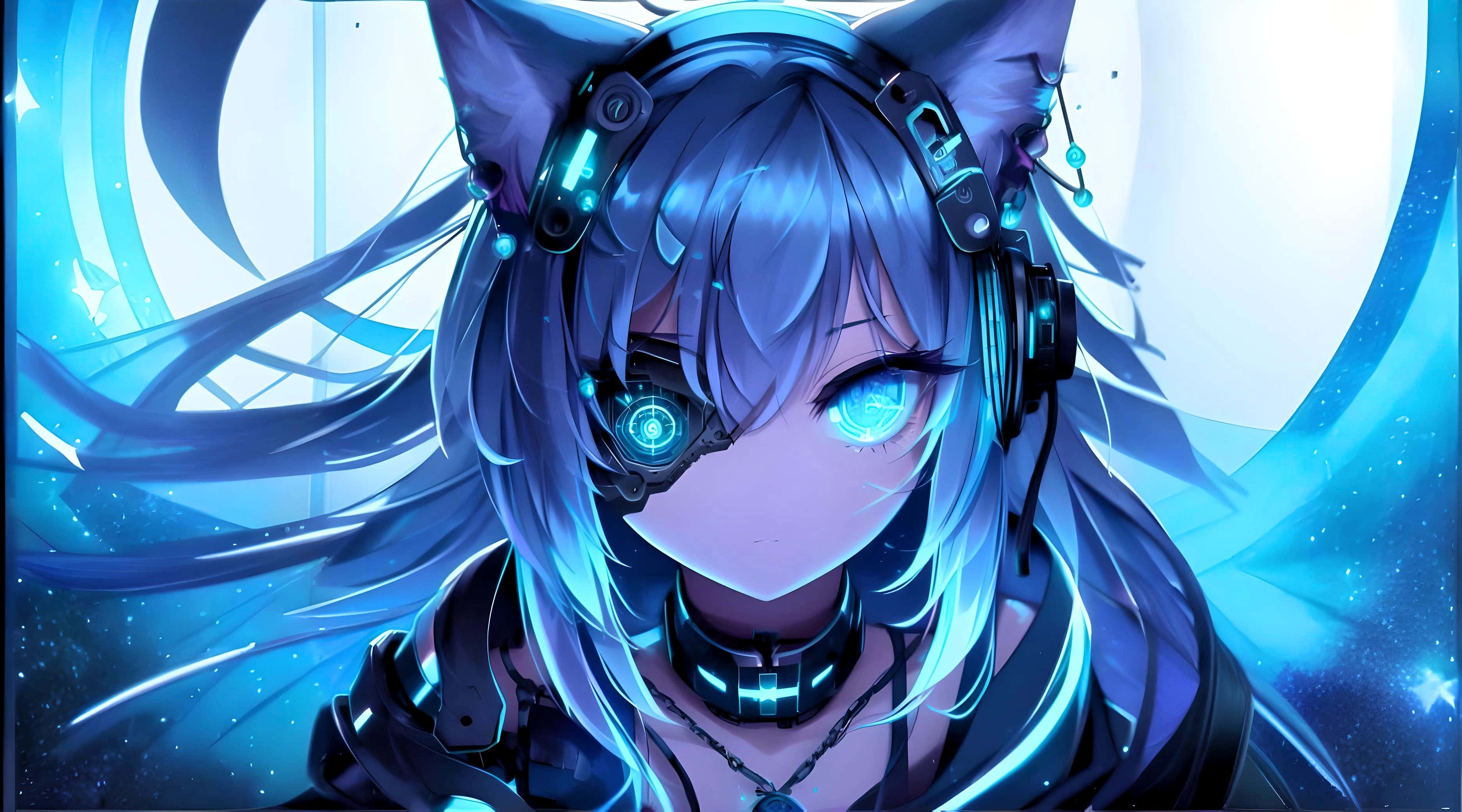 cyberpunk anime girl, glowing blue eyes, cat ears, 2K Desktop Wallpaper