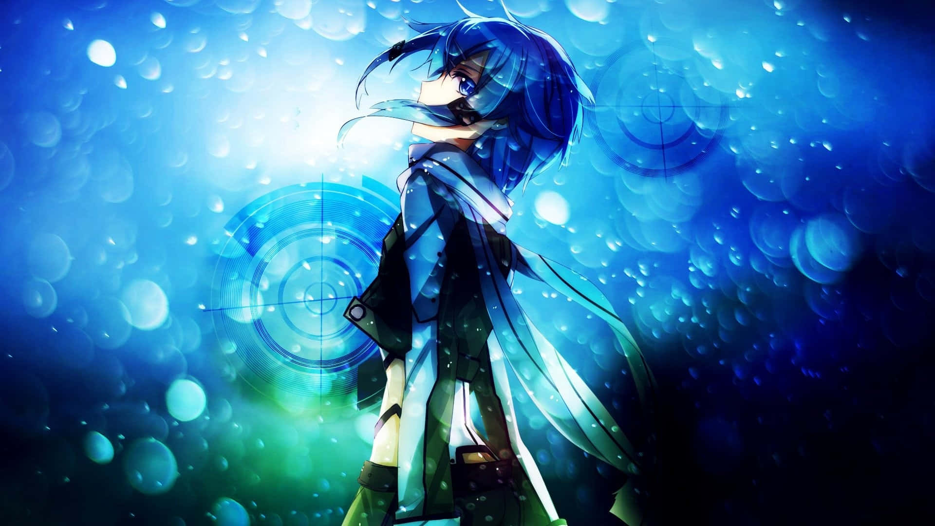 blue-haired anime girl, futuristic outfit, glowing bubbles, Full HD Desktop Wallpaper