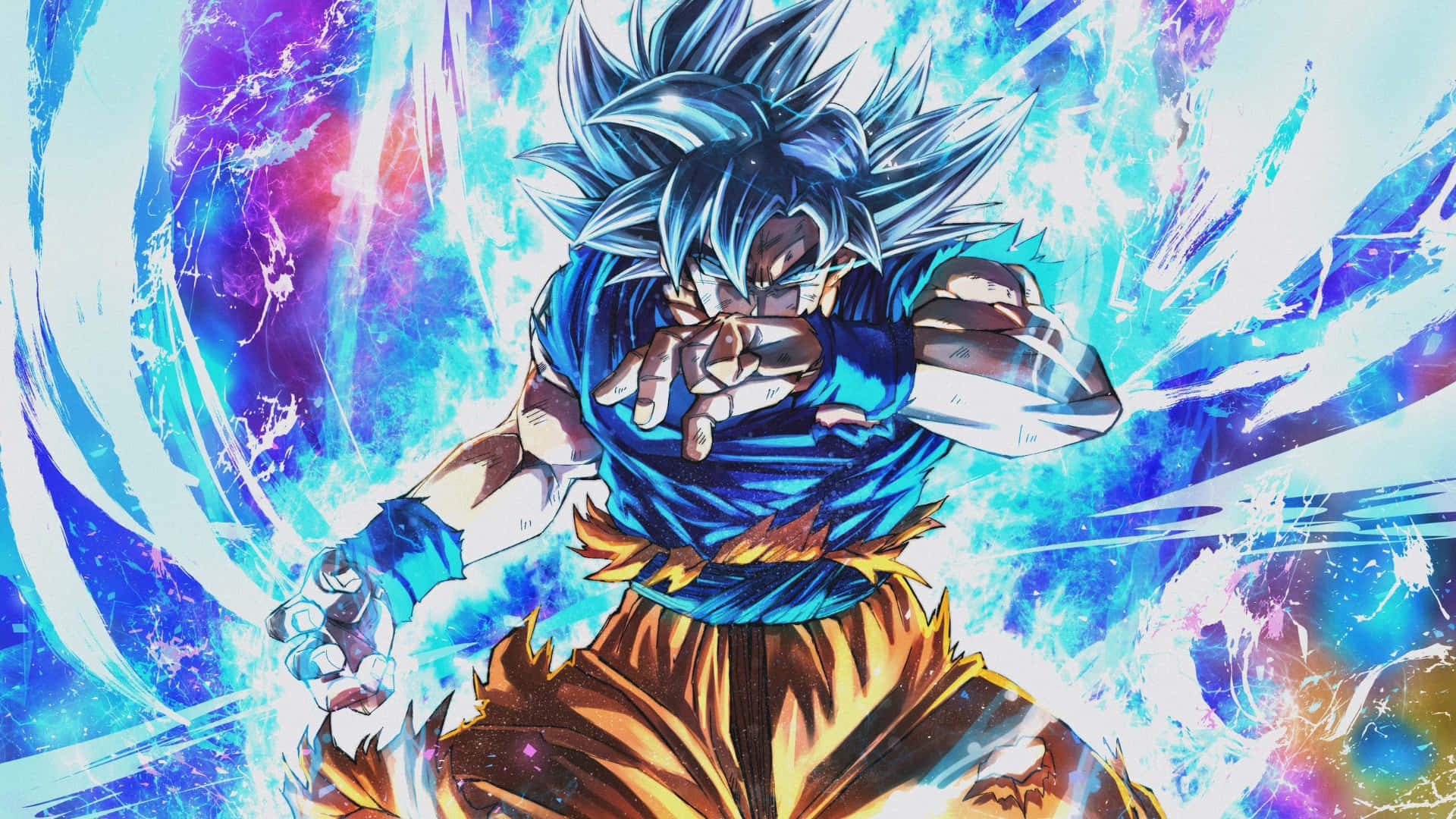 Blue Aura, blue-haired anime warrior, blue and orange gi, Full HD Desktop Wallpaper