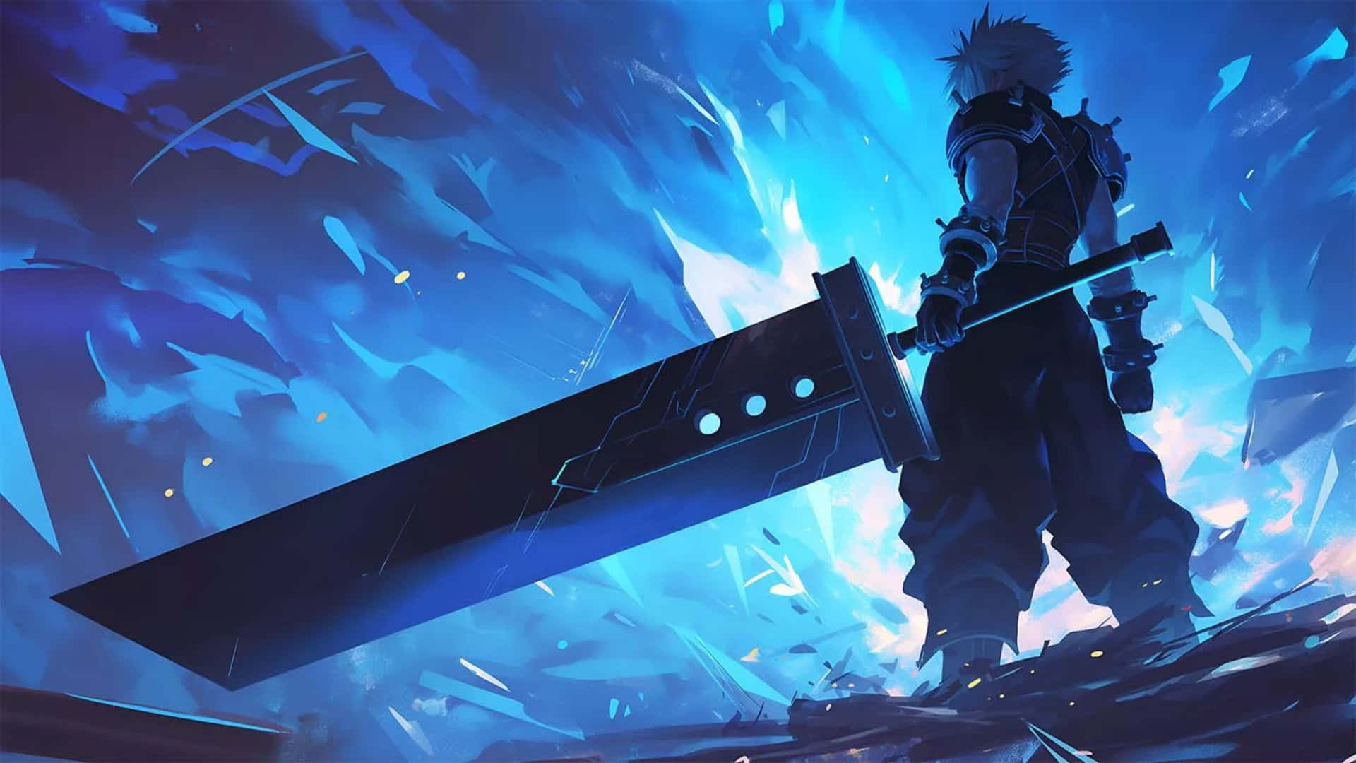 Blue Aura Warrior, spiky-haired warrior, massive glowing sword, Full HD Desktop Wallpaper
