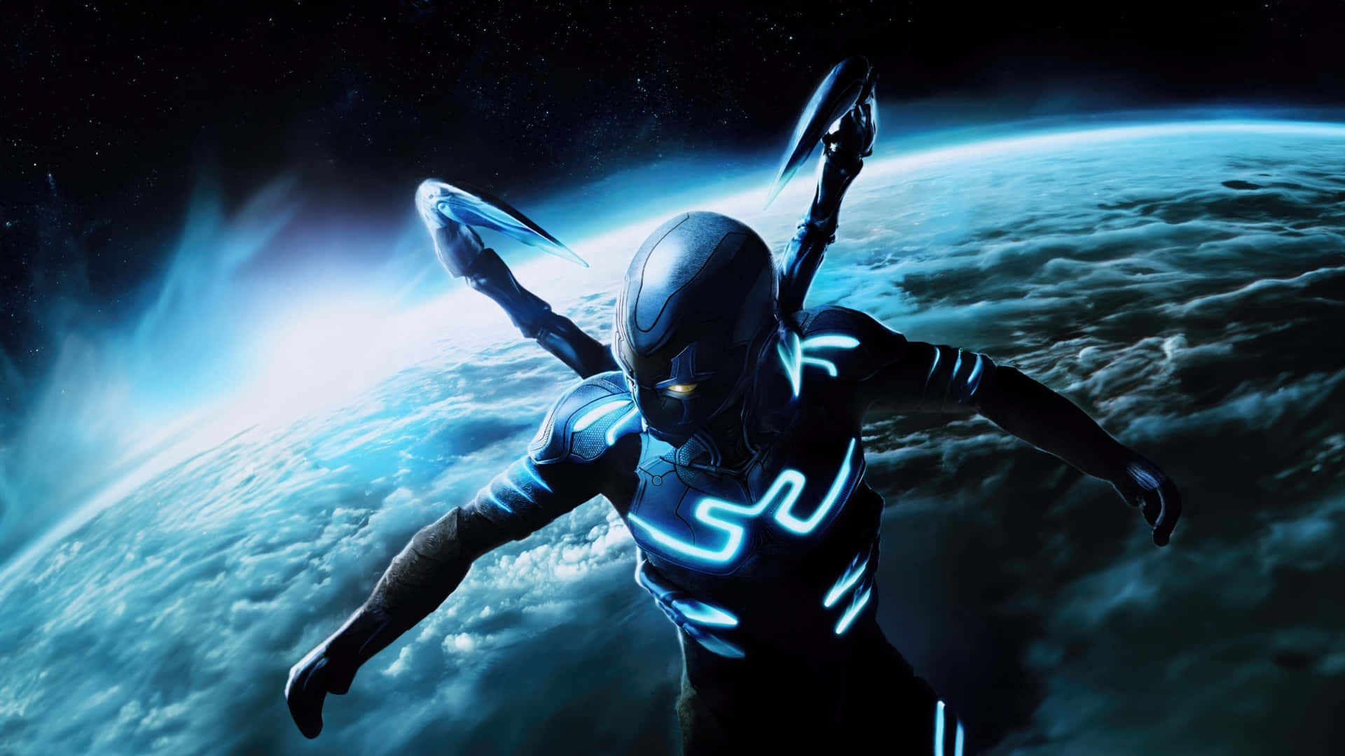 Blue Aura Space Warrior, neon-lit cyborg, glowing blue circuitry, Full HD Desktop Wallpaper