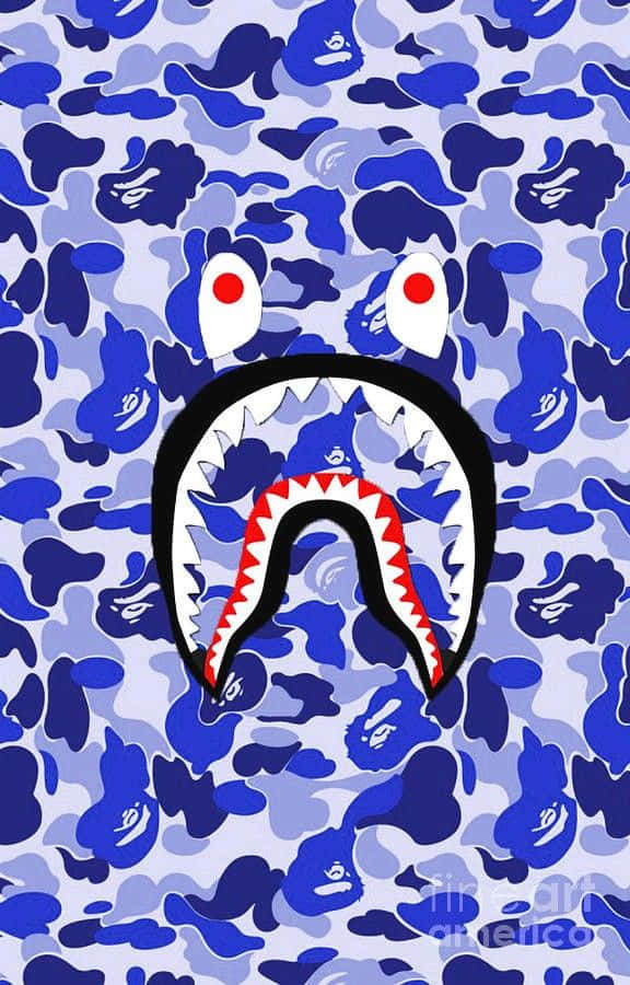 blue BAPE camo pattern, shark mouth, red teeth, SD Phone Wallpaper
