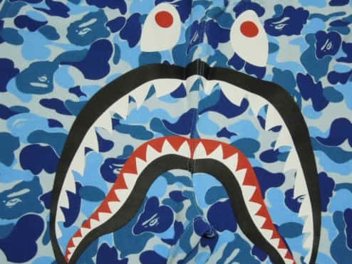 blue bape camo, shark mouth graphic, red teeth, SD Desktop Wallpaper