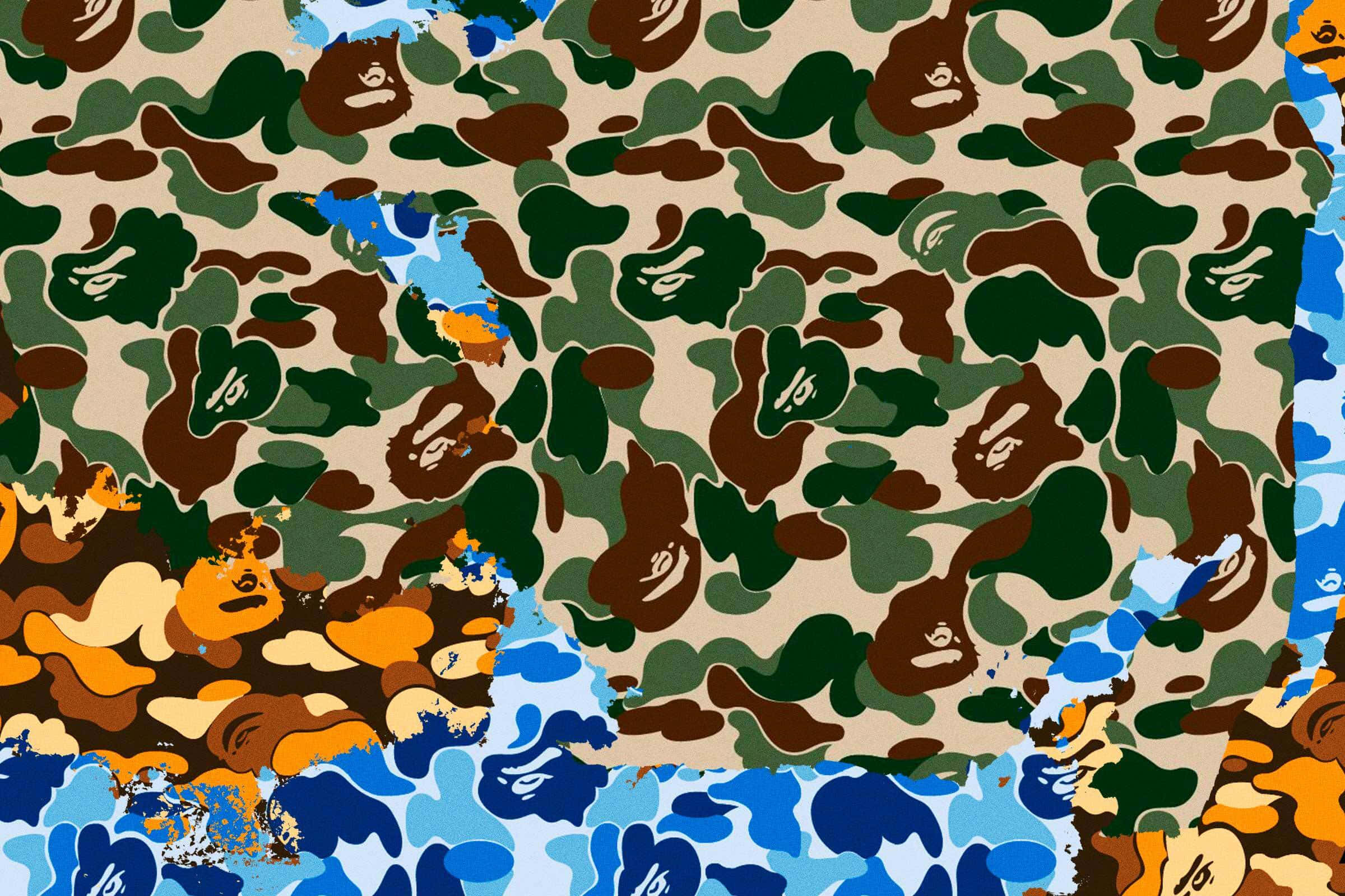 Blue Bape Camo, ape head motifs, green brown tan blue orange, Full HD Desktop Wallpaper