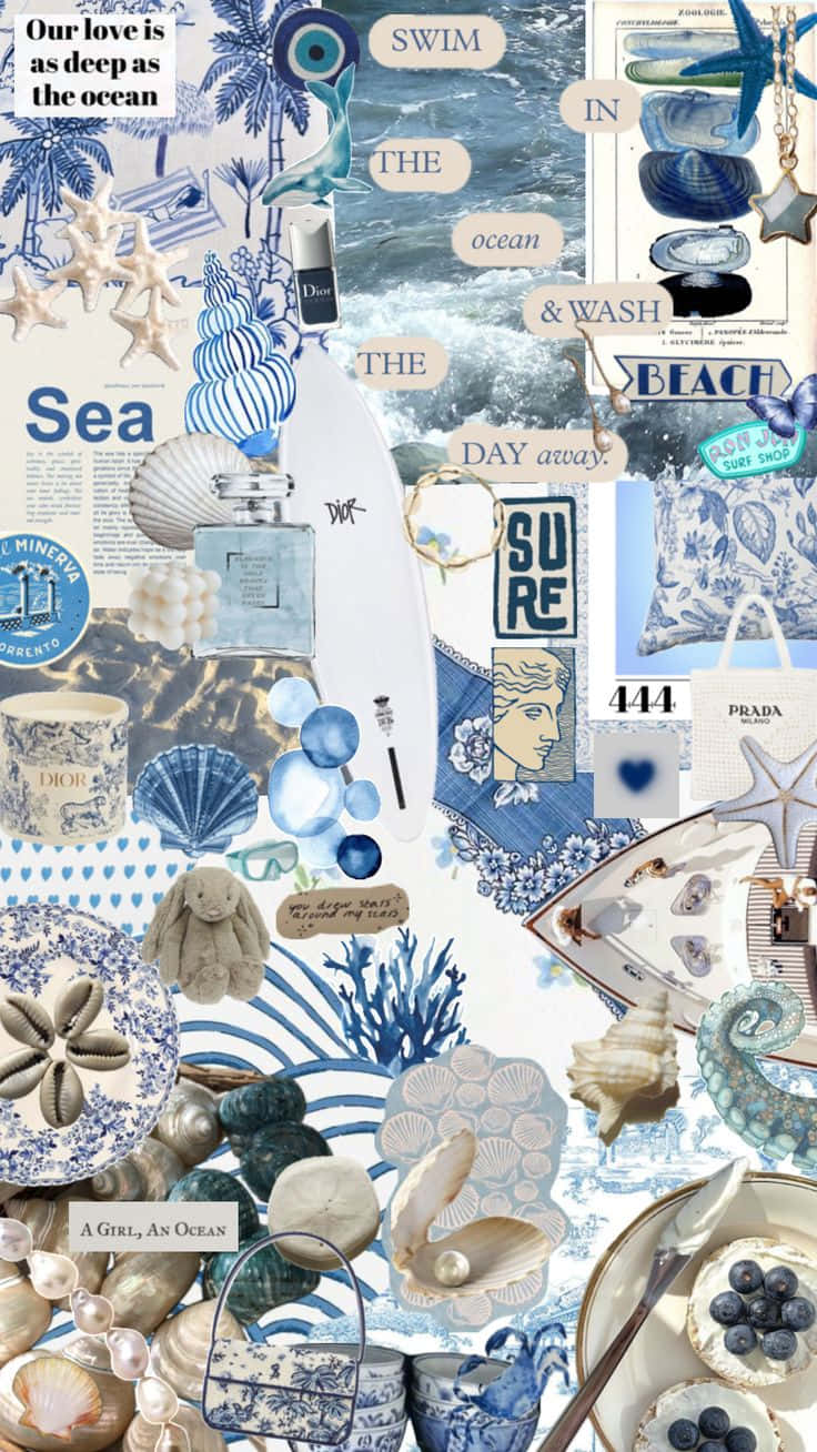 blue coastal collage aesthetic, ocean-themed items, shells, HD Phone Wallpaper