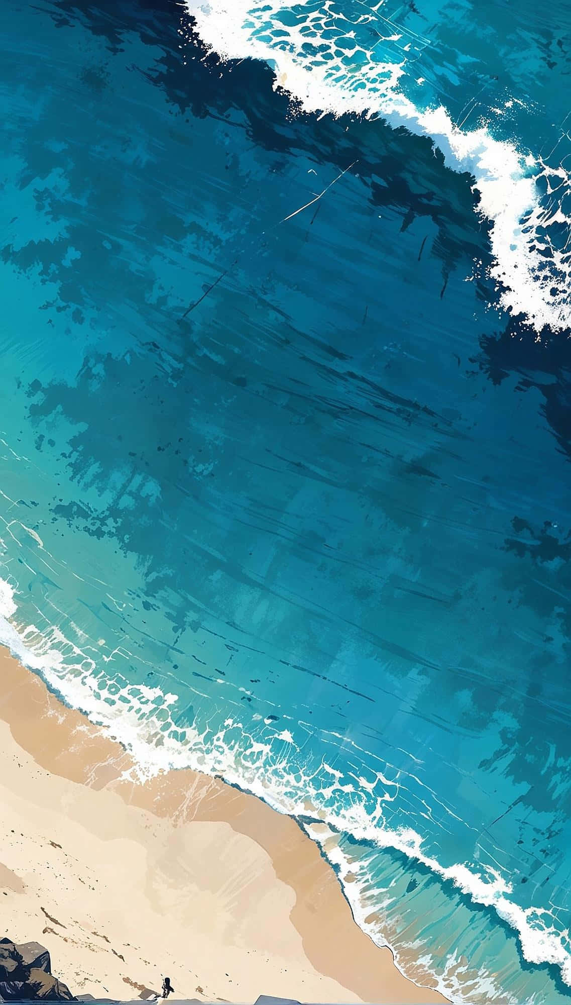turquoise waves, sandy beach, lone figure, Full HD Phone Wallpaper