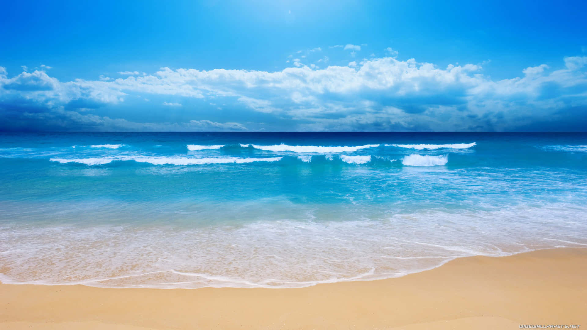 turquoise waves, golden sand, vast blue sky, Full HD Desktop Wallpaper