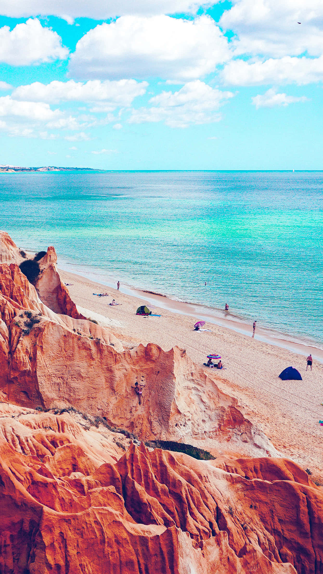 turquoise waters, golden sand, bright blue sky, Full HD Phone Wallpaper