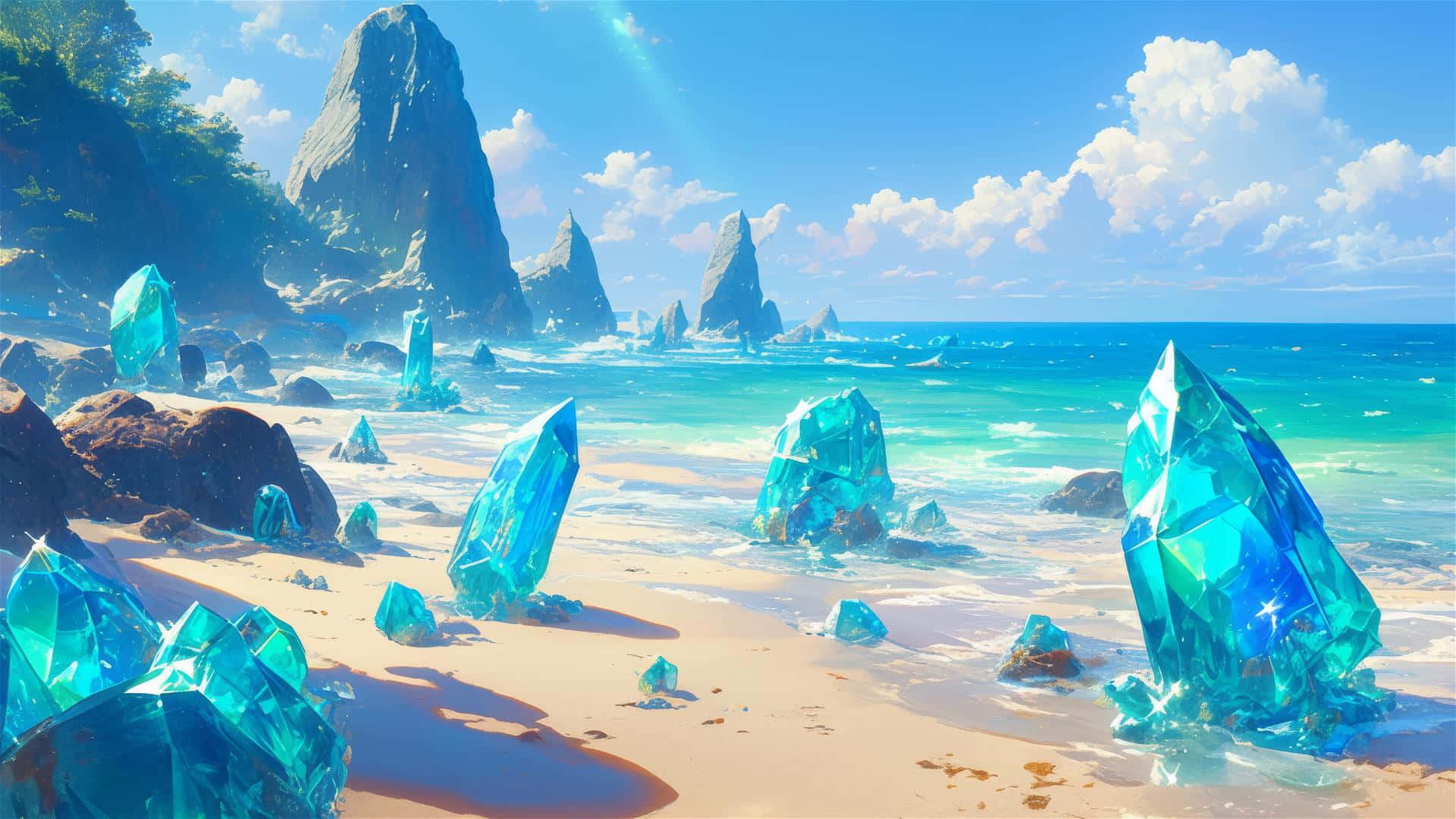 Crystal Blue Beachscape, giant glowing blue crystals, turquoise waves, Full HD Desktop Wallpaper
