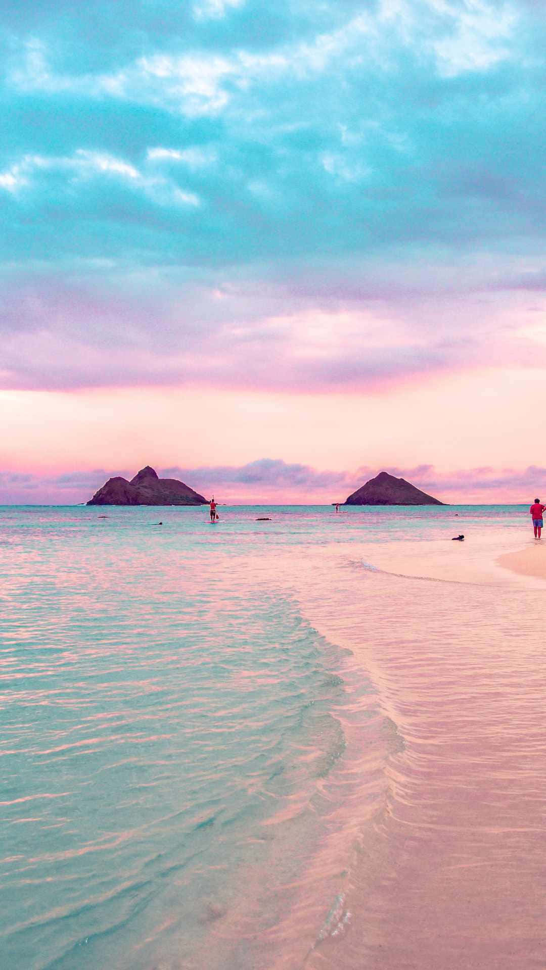 pastel pink, teal waters, soft sand, Full HD Phone Wallpaper