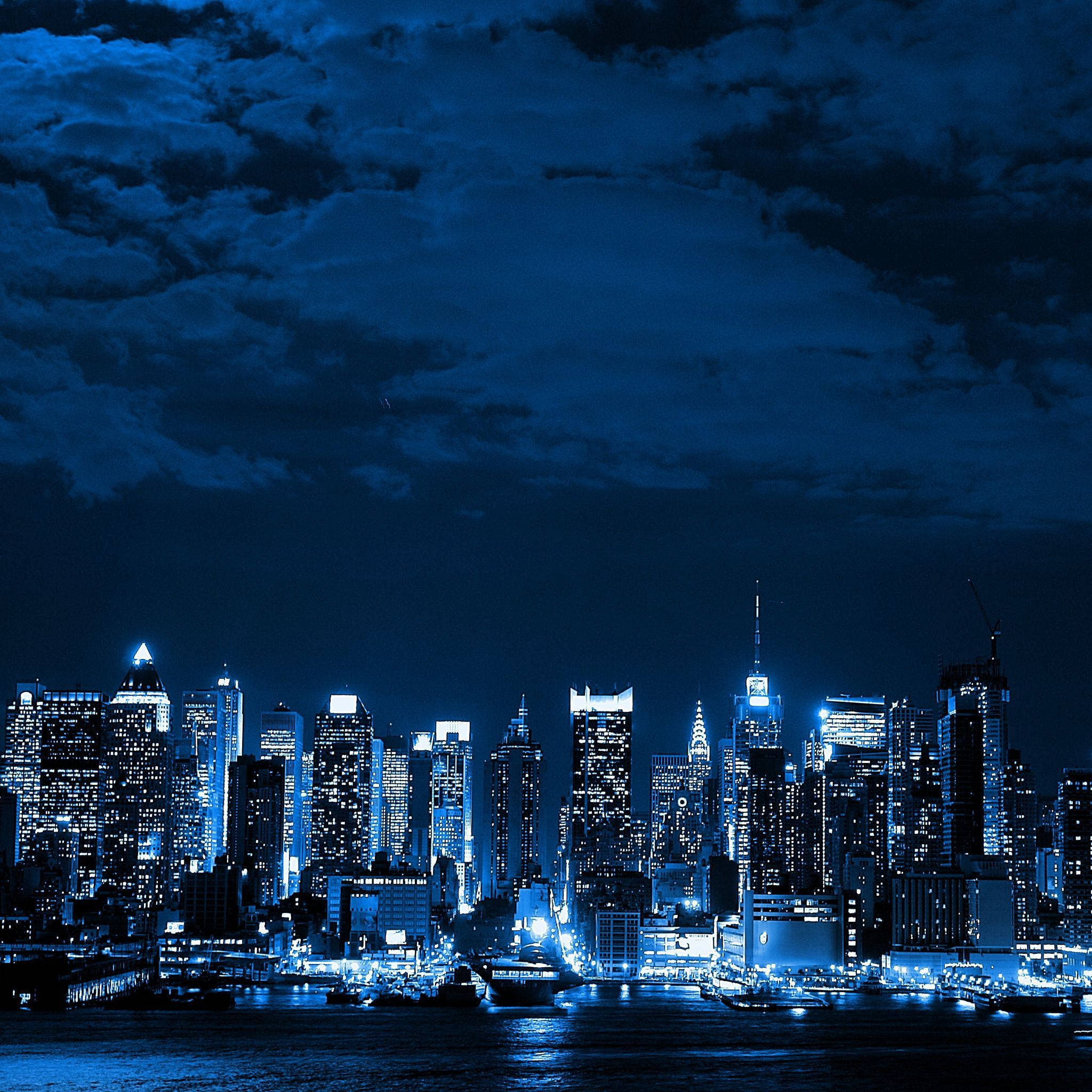 Dark Blue Aesthetic City, monochromatic blue city skyline, glowing skyscrapers, Full HD Desktop Wallpaper
